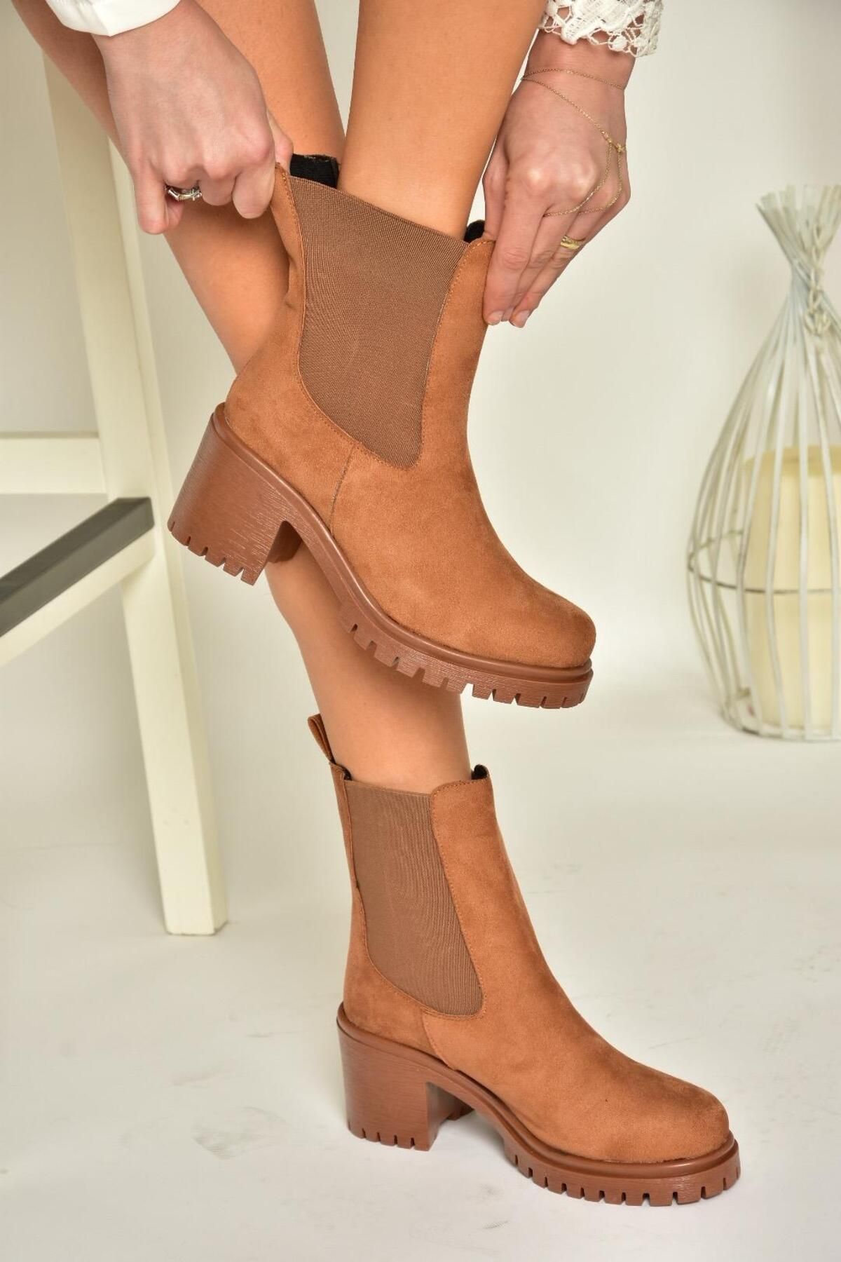 Fox Shoes-T 726981602   Tan Suede Elastic Thick Heeled Women's Boots 1