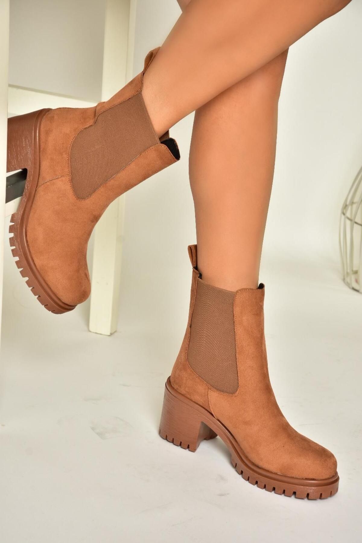 Fox Shoes-T 726981602   Tan Suede Elastic Thick Heeled Women's Boots 4