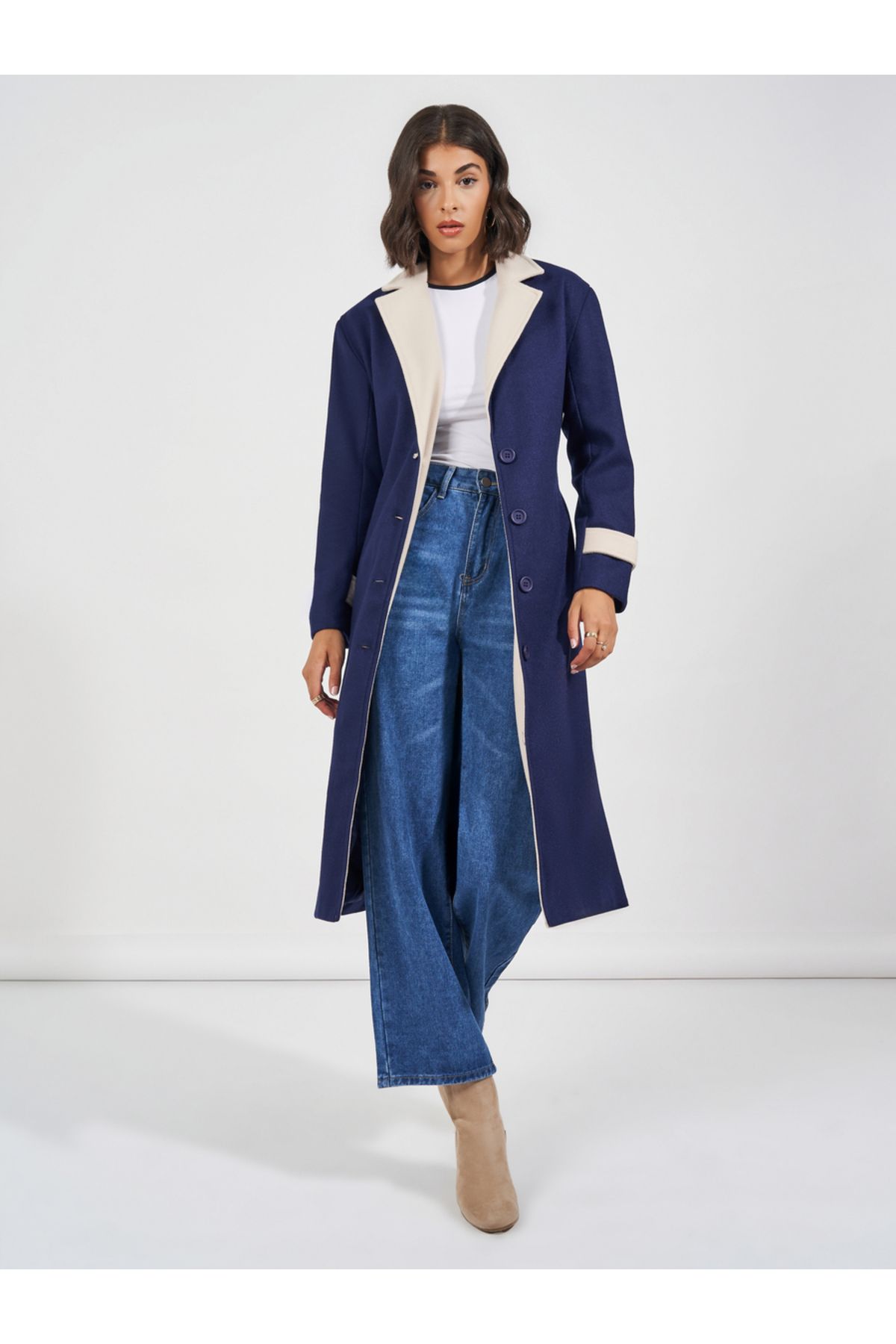 Styli-Regular Fit Midi Length Wool Like Coat with Tie Up Detail 5