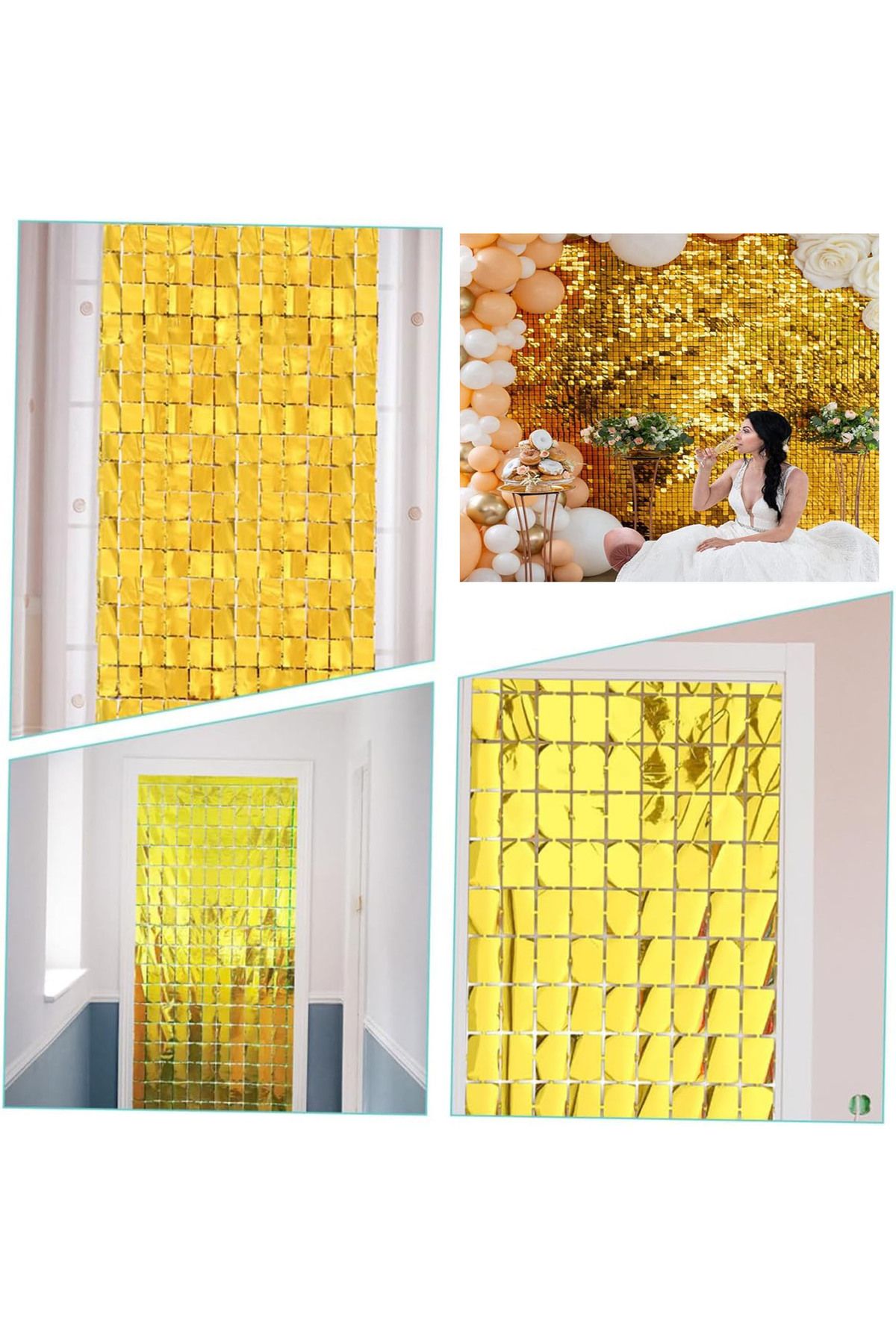 OEM Ekstra Metalize Altın Renk Disko Dikdörtgen Kesim Kapı Perdesi Dekorasyon 1x2 Metre (5024)