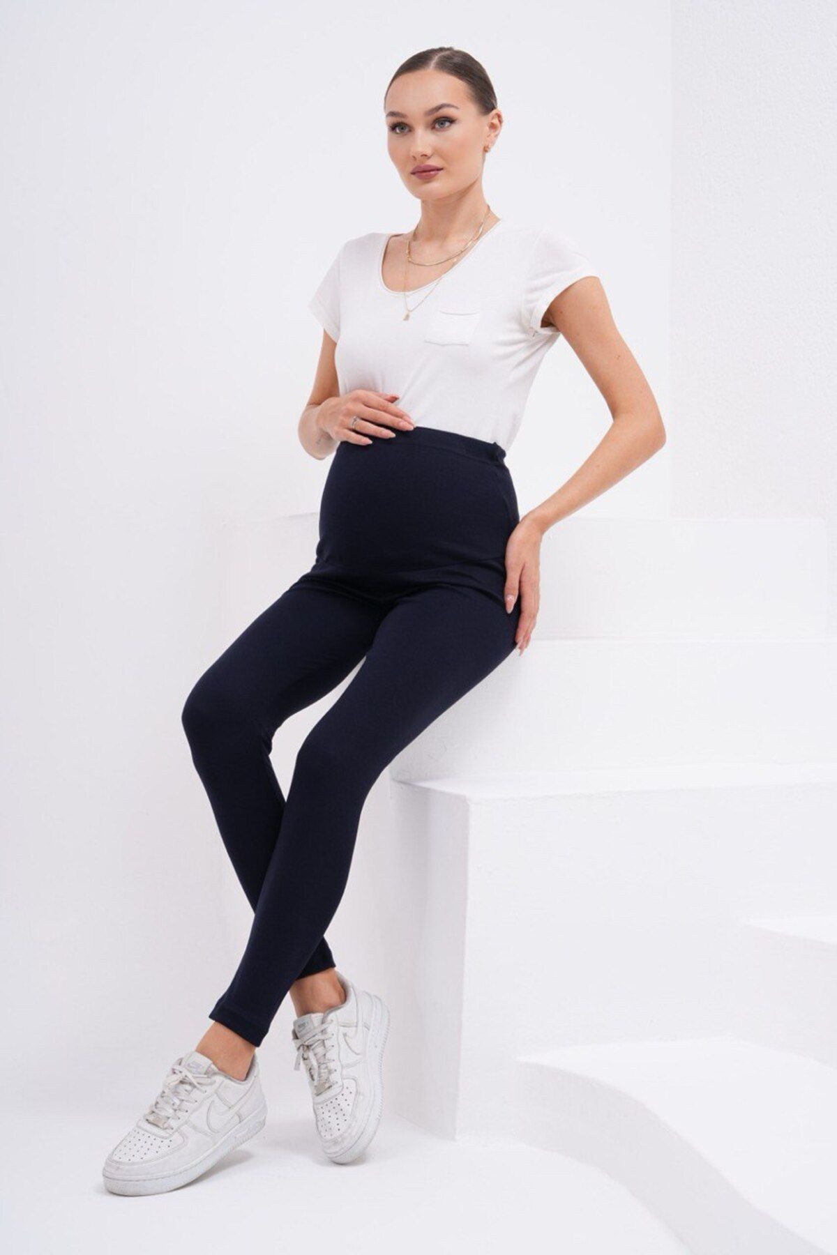 BIG LESSON-Navy Blue Stretchy Cotton Maternity Leggings - Adjustable Waist 1