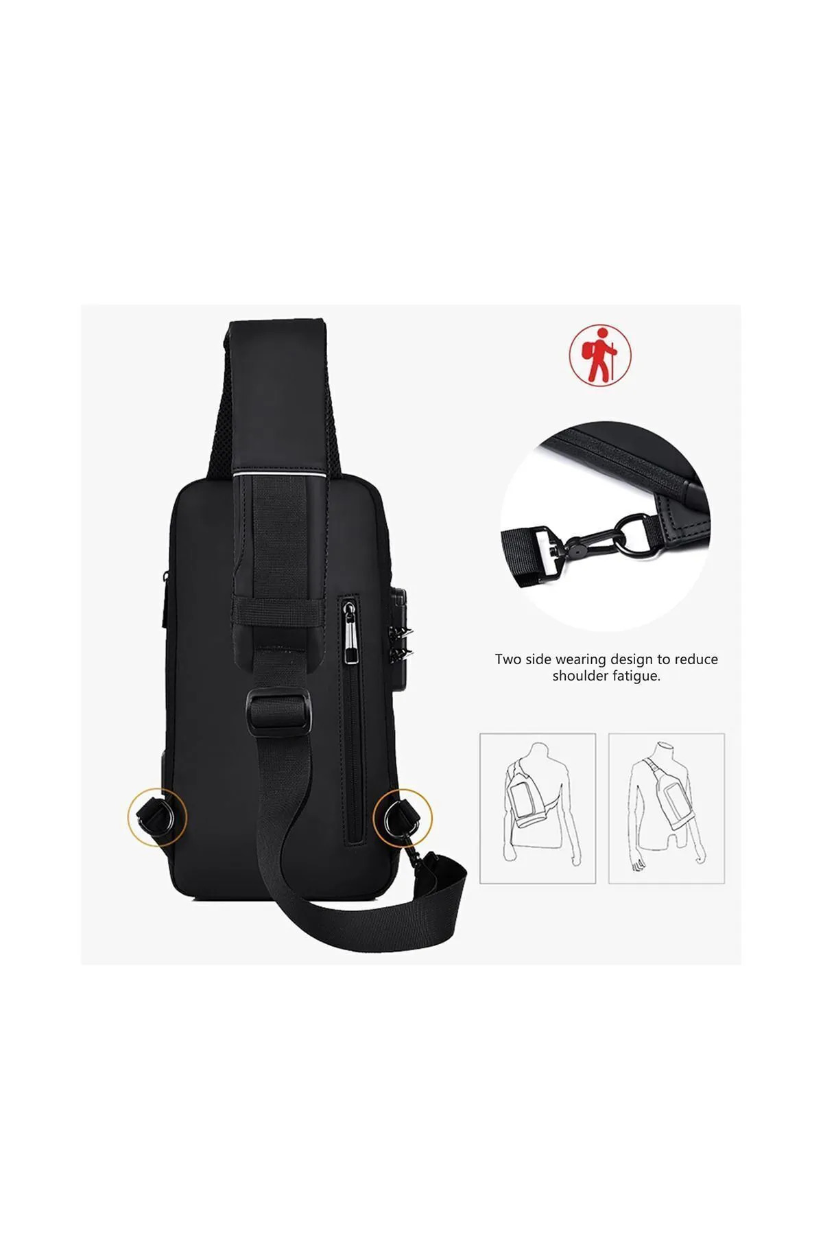 7K  USB Şarj Portlu Fermuar Kilitli, Powerbank Bağlantılı Omuz ve Göğüs Çantası - Görsel 5