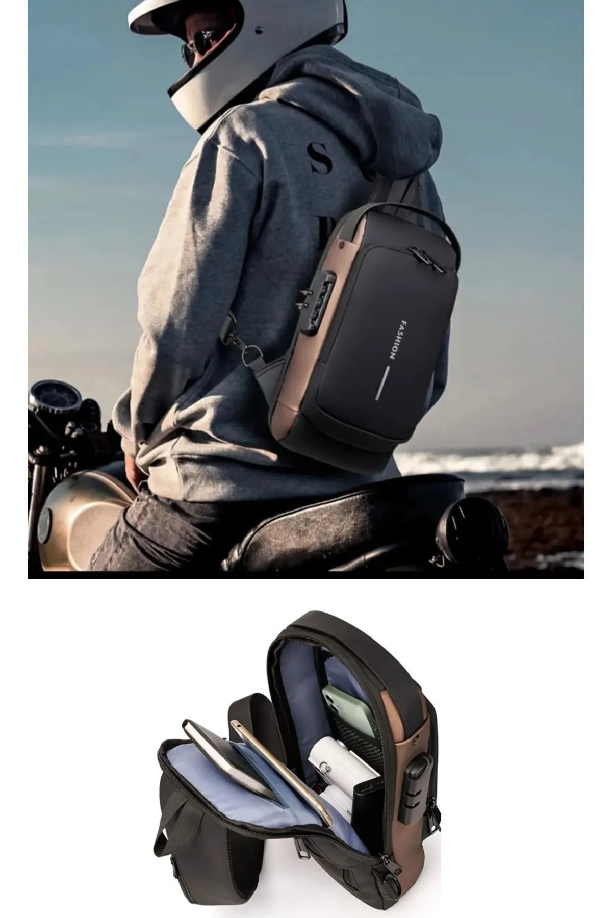 7K  USB Şarj Portlu Fermuar Kilitli, Powerbank Bağlantılı Omuz ve Göğüs Çantası - Görsel 4