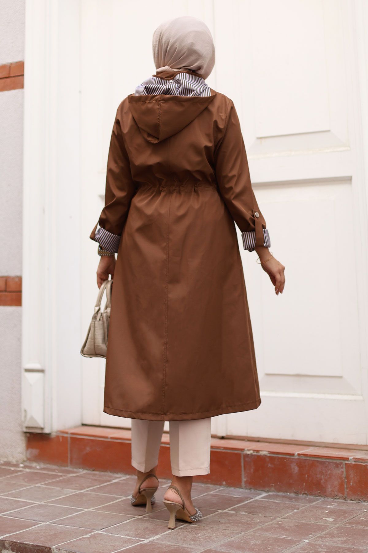 Tesettür Dünyası-Trench Coat Zipped and Striped - Brown Tsd 240923 5