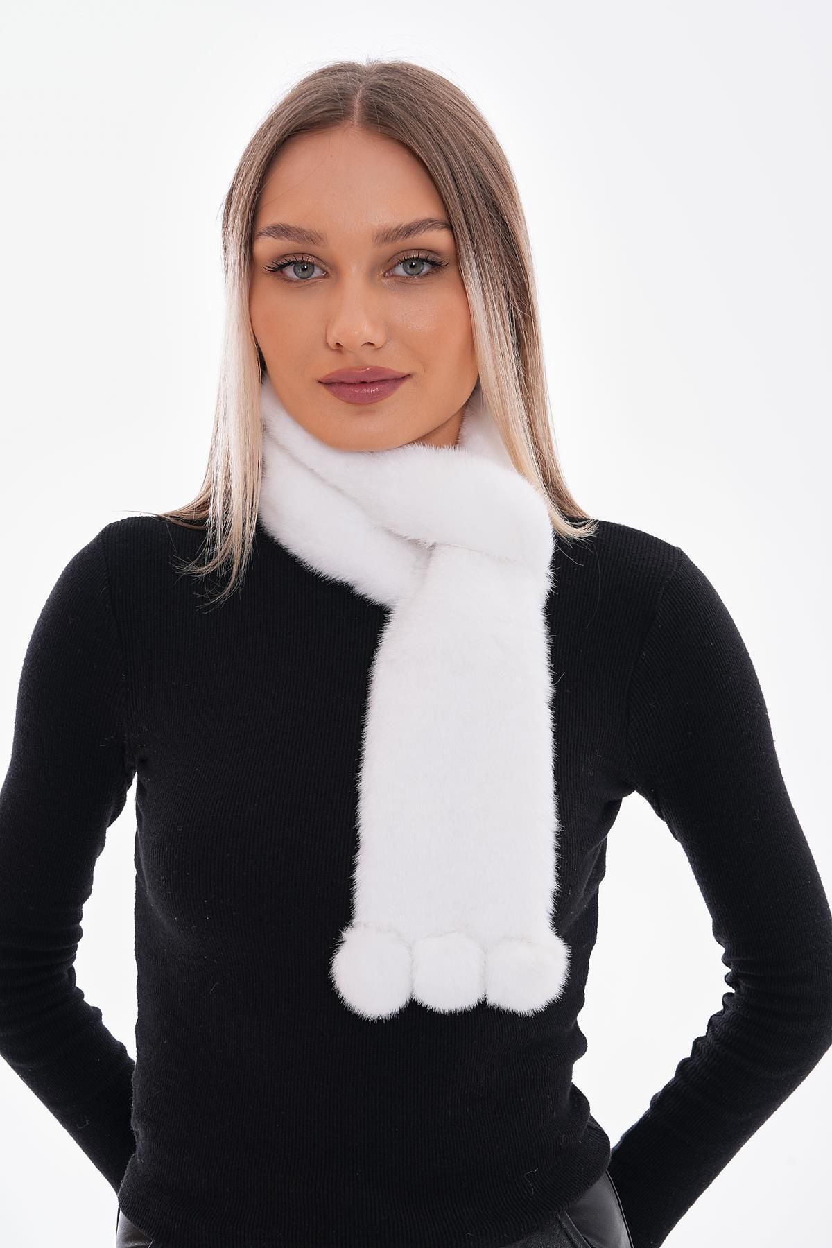 Axesoire-14696 Plush White Scarf with Pompom Inserts 3