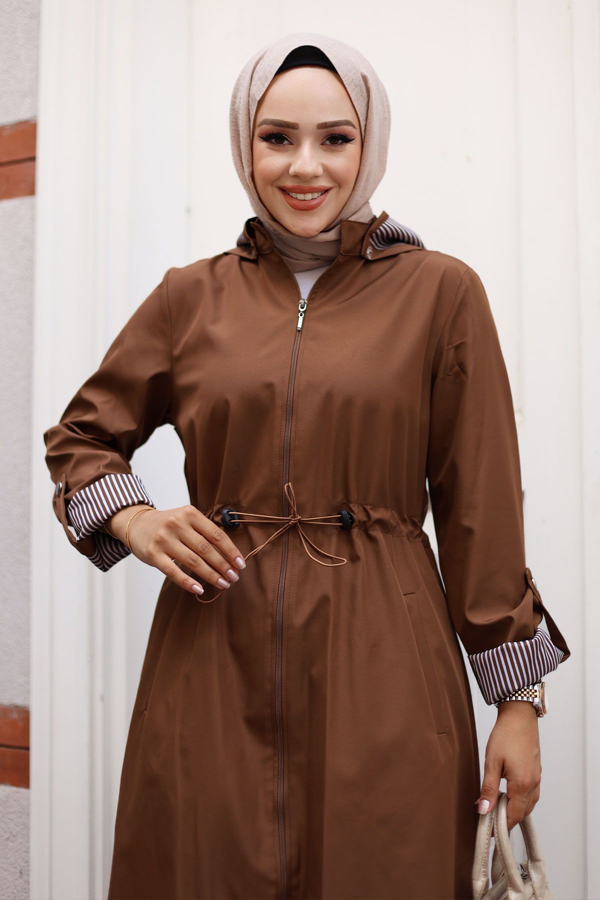 Tesettür Dünyası-Trench Coat Zipped and Striped - Brown Tsd 240923 2