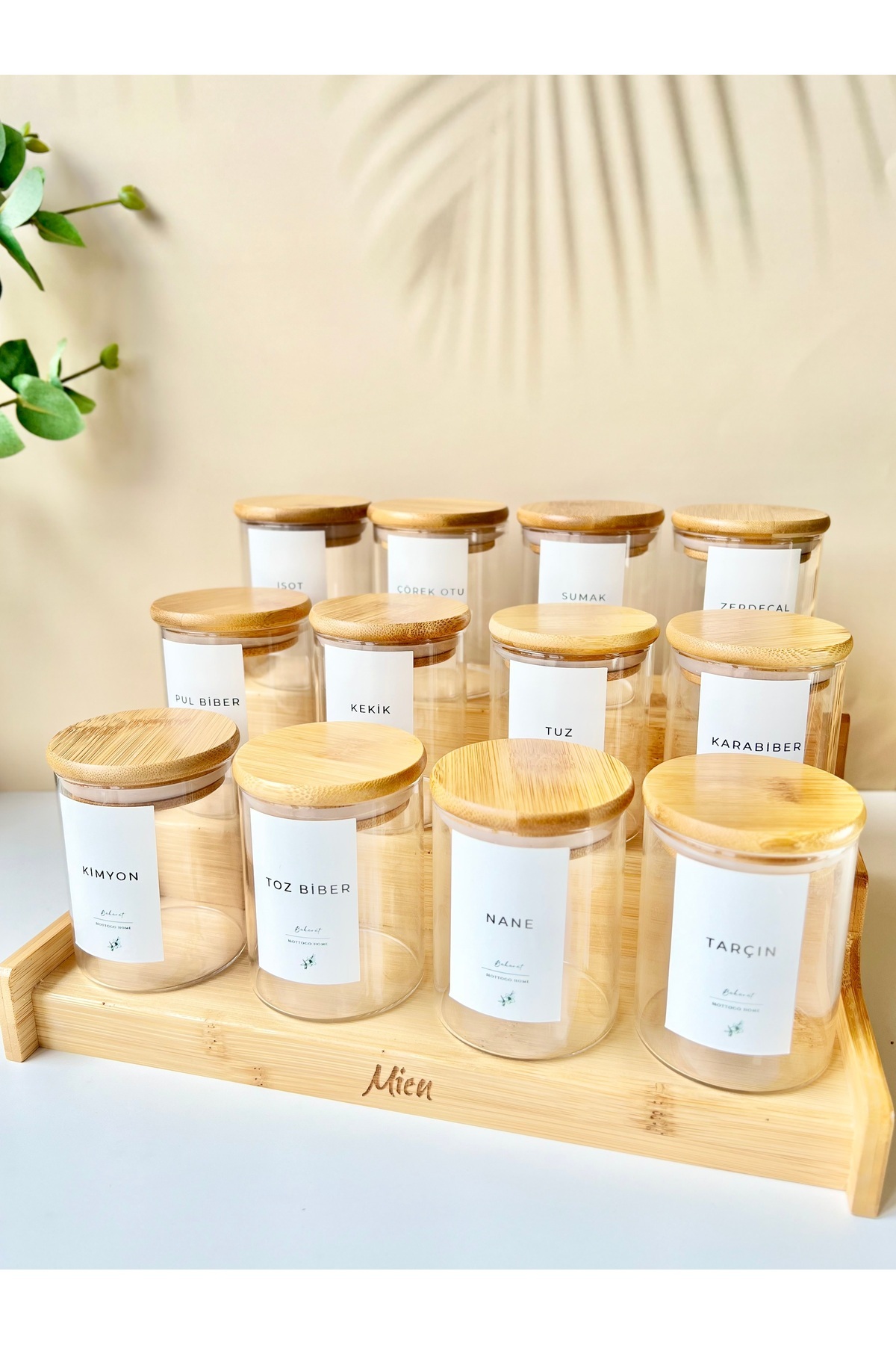 Mottogo-12-Piece 250 ml Spice Jar Set and Bamboo Ladder Stand - Water Resistant with Label 1