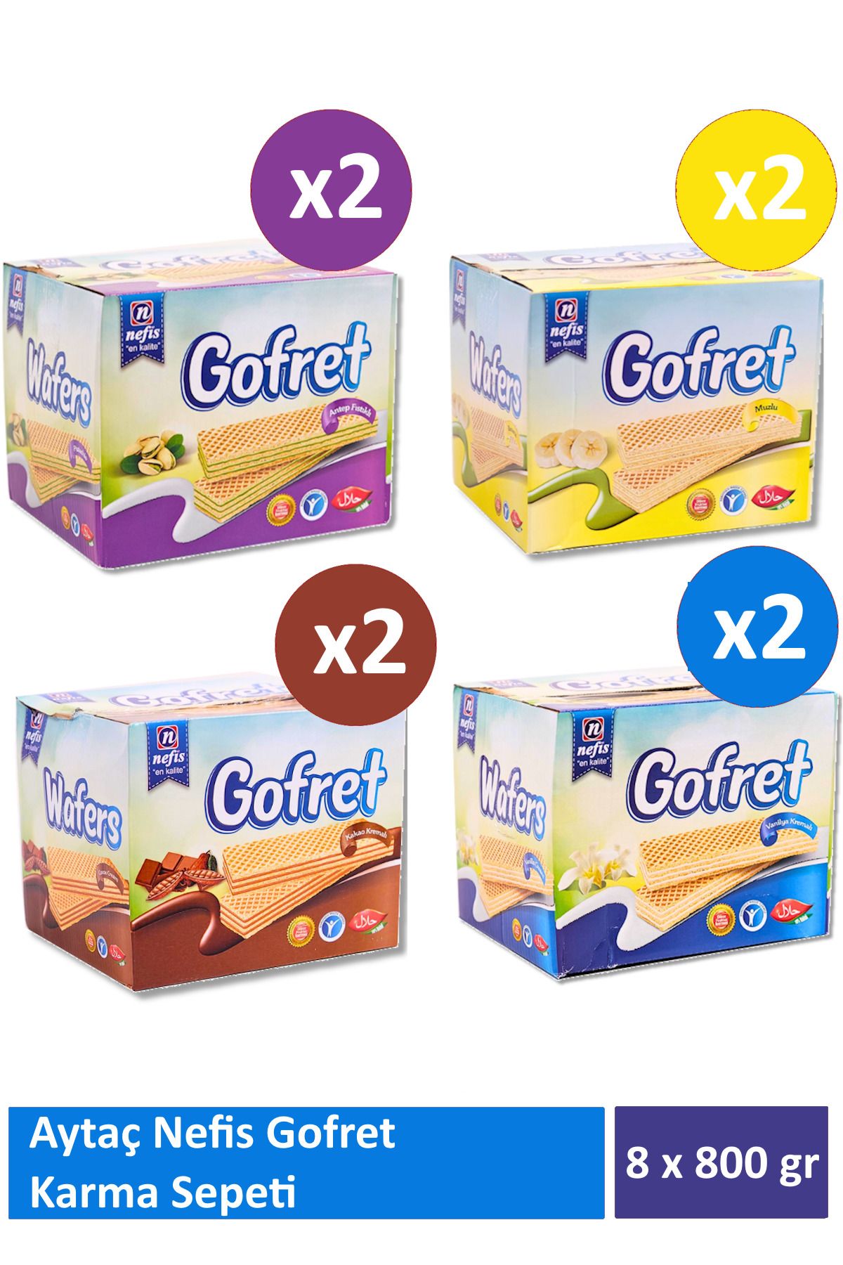 Aytaç Nefis Gofret 2 Adet Kakao Kremalı + 2 Adet Vanilya + 2 Adet Muzlu + 2 Adet Antep Fıstıklı (800 gr)