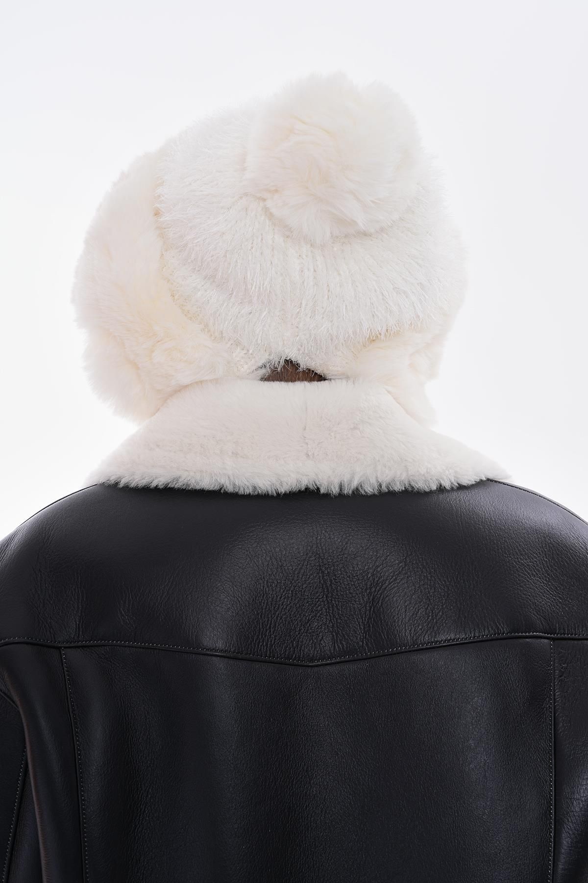 Axesoire-14639 Pompom and Stones Plush Fur Ecru Pilot Hat Beanie 5