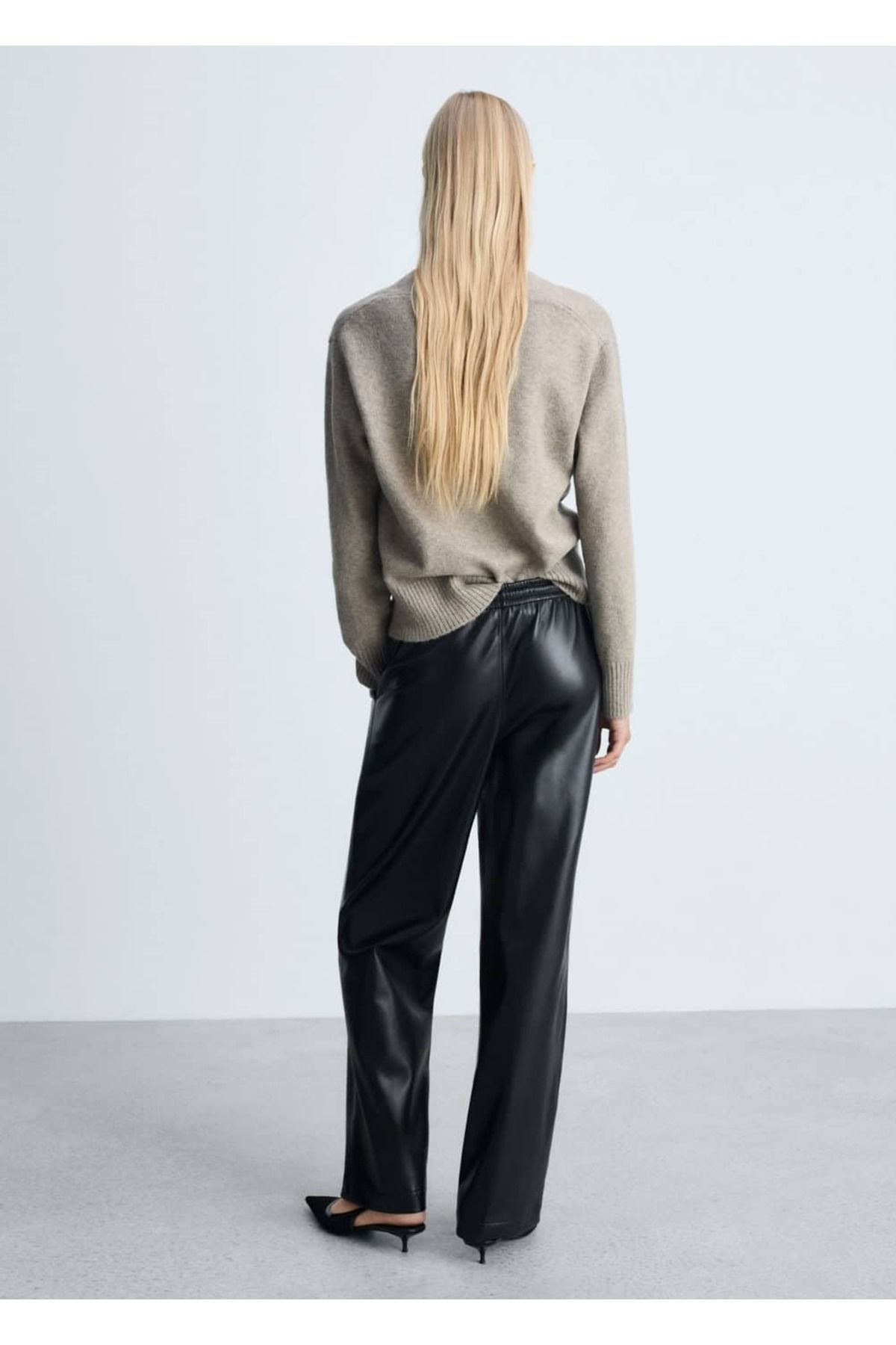MANGO Woman-Leather look elastic waist pants 4