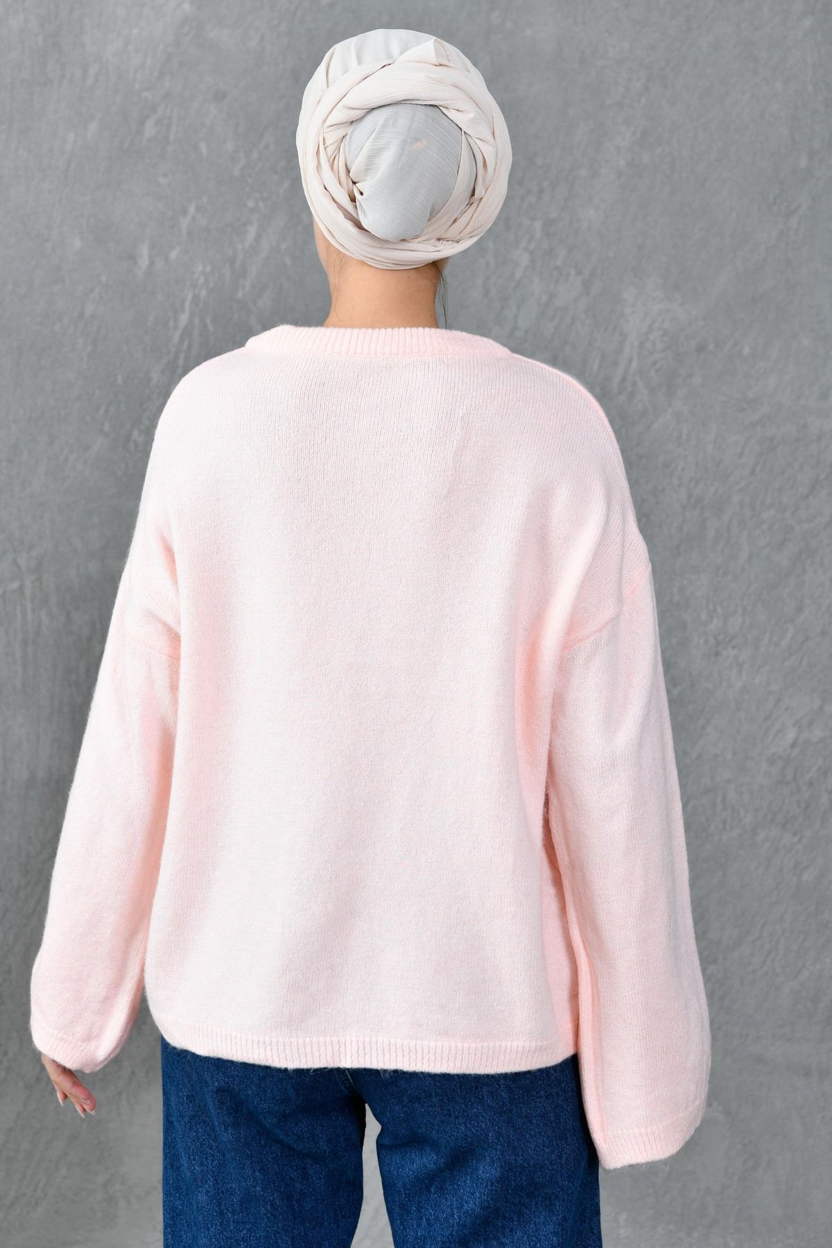 bayansepeti-Wide Sleeve Off Shoulder Crew Neck Long Sleeve Powder Oversize Knitwear Hijab Sweater 3