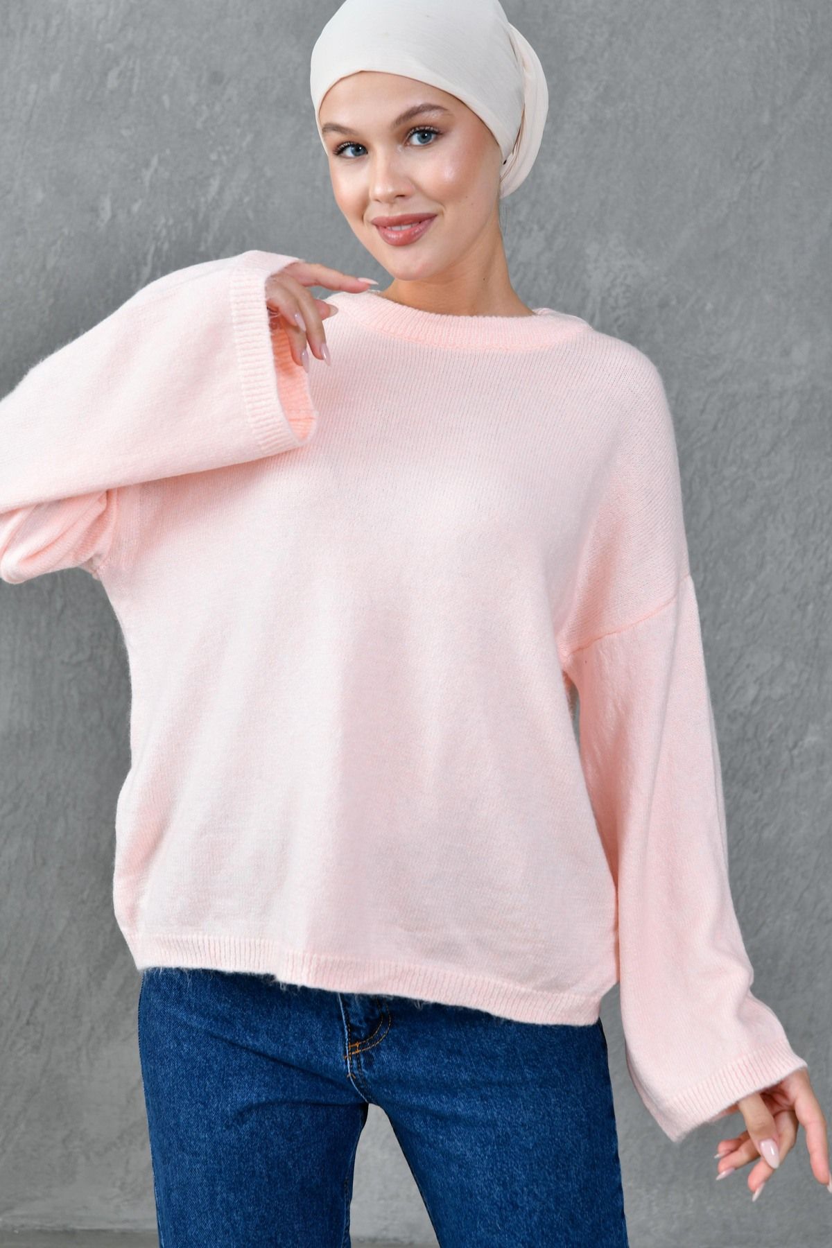 bayansepeti-Wide Sleeve Off Shoulder Crew Neck Long Sleeve Powder Oversize Knitwear Hijab Sweater 8