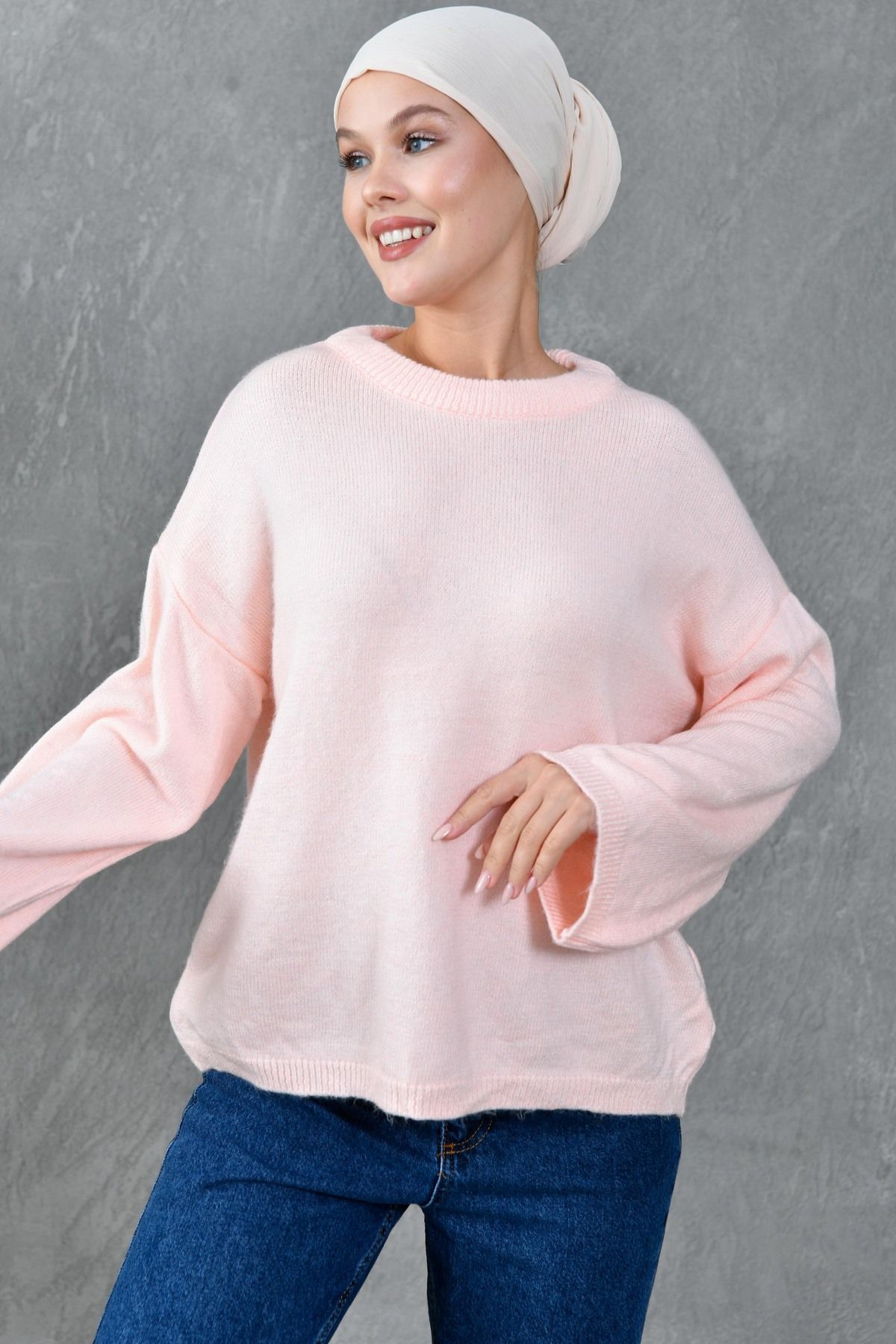 bayansepeti-Wide Sleeve Off Shoulder Crew Neck Long Sleeve Powder Oversize Knitwear Hijab Sweater 7