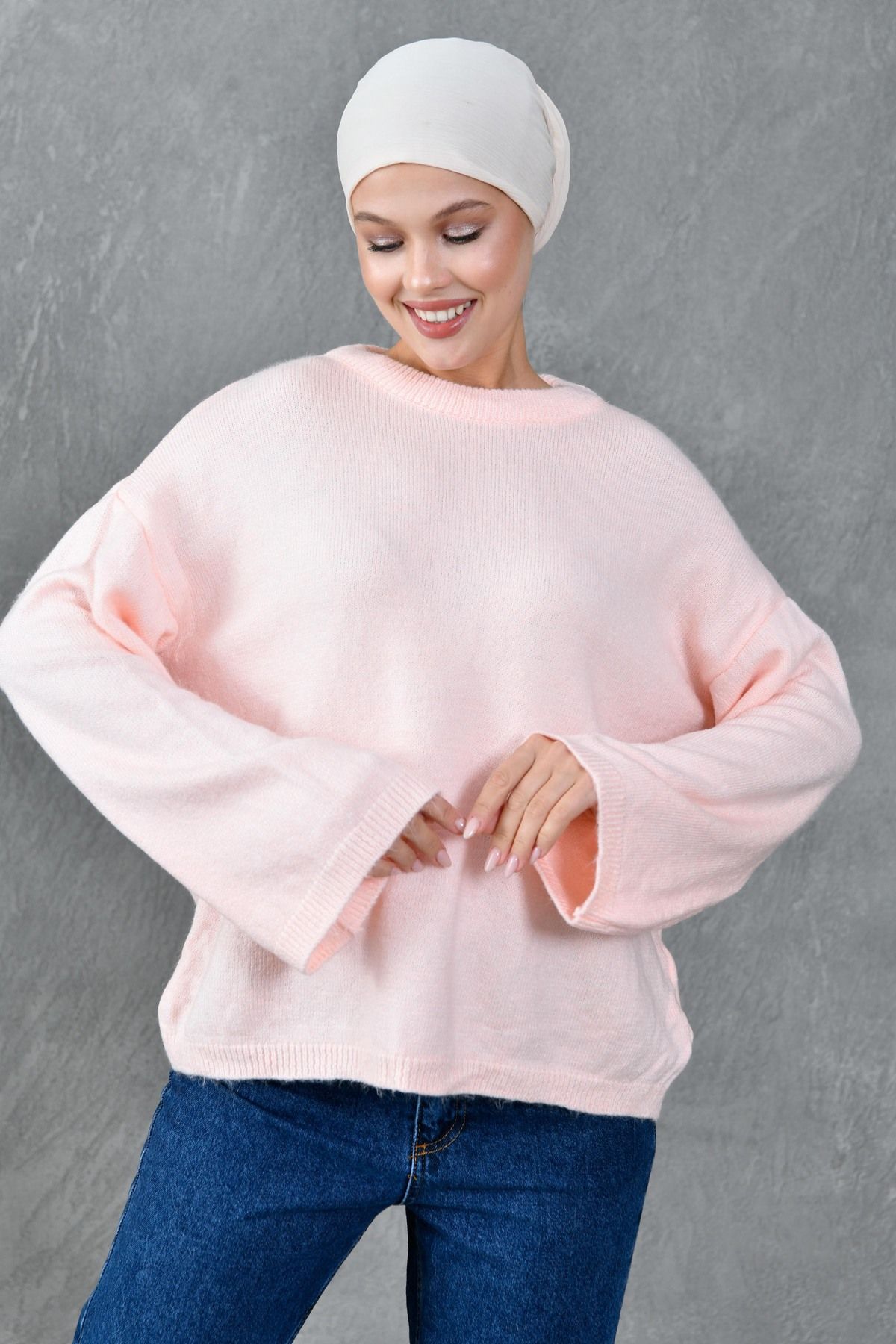 bayansepeti-Wide Sleeve Off Shoulder Crew Neck Long Sleeve Powder Oversize Knitwear Hijab Sweater 4