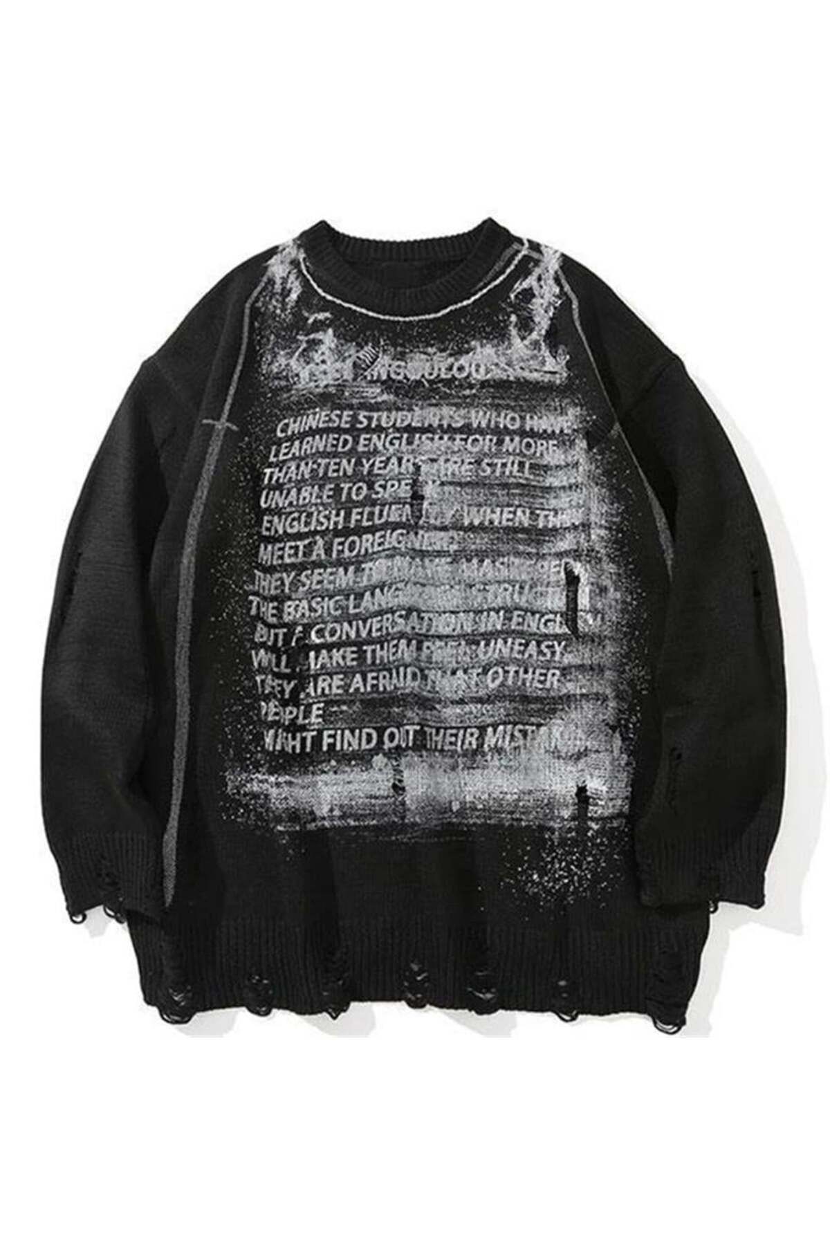 weywot Sphera Touz Vintage Harajuku Graffiti Desenli Unisex Oversize Siyah Kazak