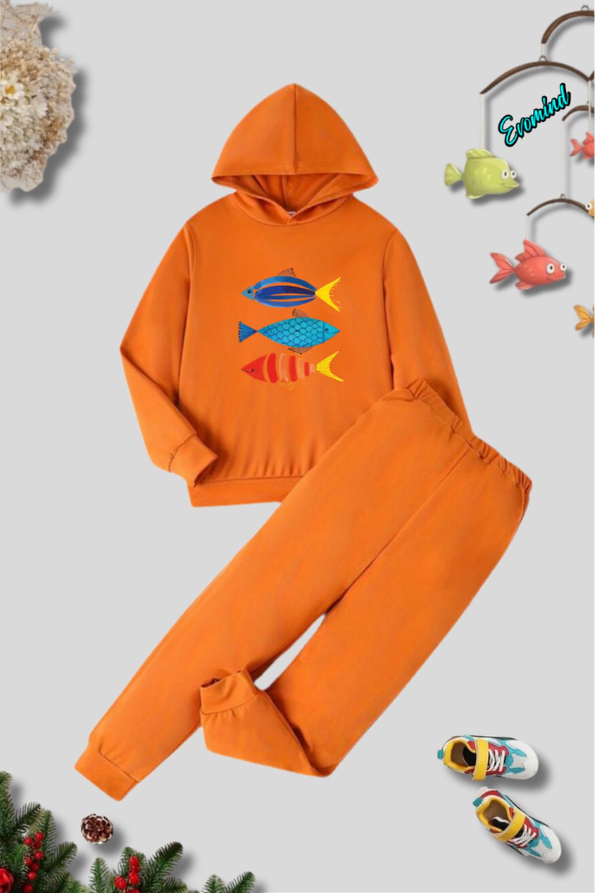 artı4 Set De Trening Pentru Copii Cu Glugă Cu Imprimeu Pește Colorat Unisex Unisex - 7–8 years