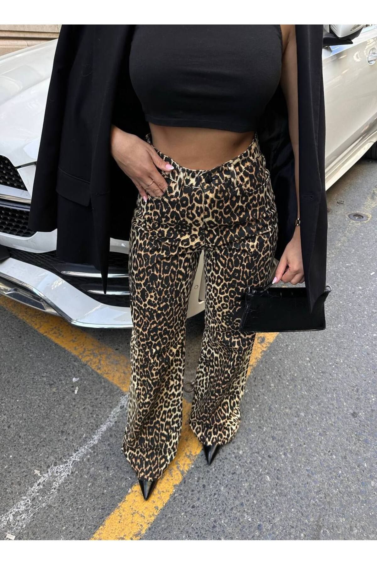 LB Laluna Butik-Pantaloni Palazzo cu talie înaltă leopard de damă, țesătură denim 3