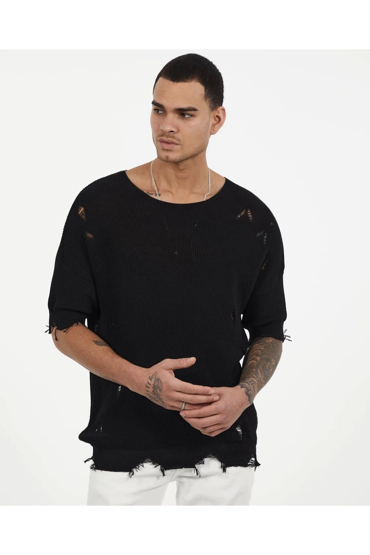 ayakuydur-Men's Oversize Black KniTwear T-shirt 1