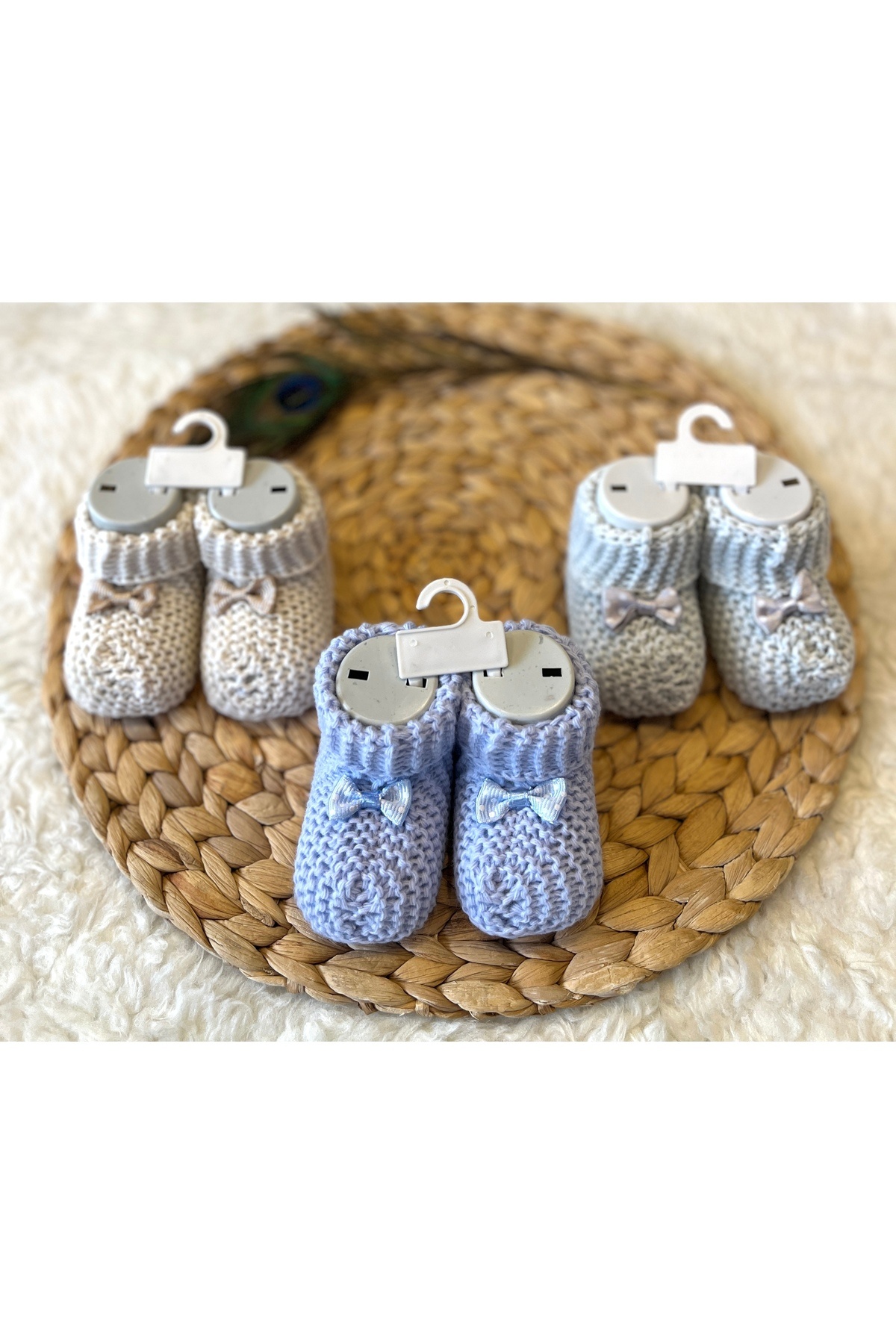 anne dokunuşu gibi KUZUM BEBE 3’lü Kurdeleli Mavi Gri Vizon Kız Erkek Bebek Triko Patik