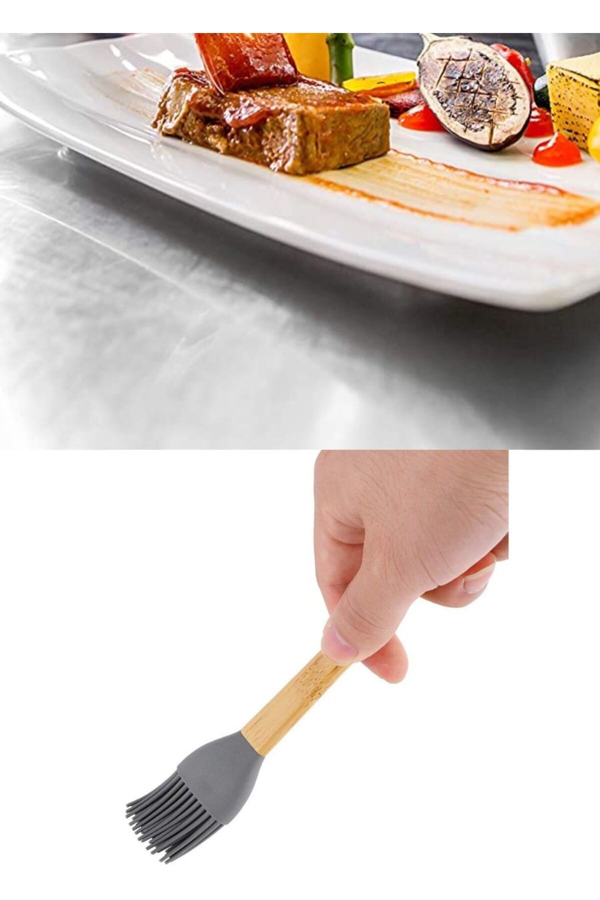 Jet's Home Yumurta Fırçası Ahşap Saplı Mutfak Fırçası Sos Fırçası Hamur Fırçası Silikon Gri 27 cm