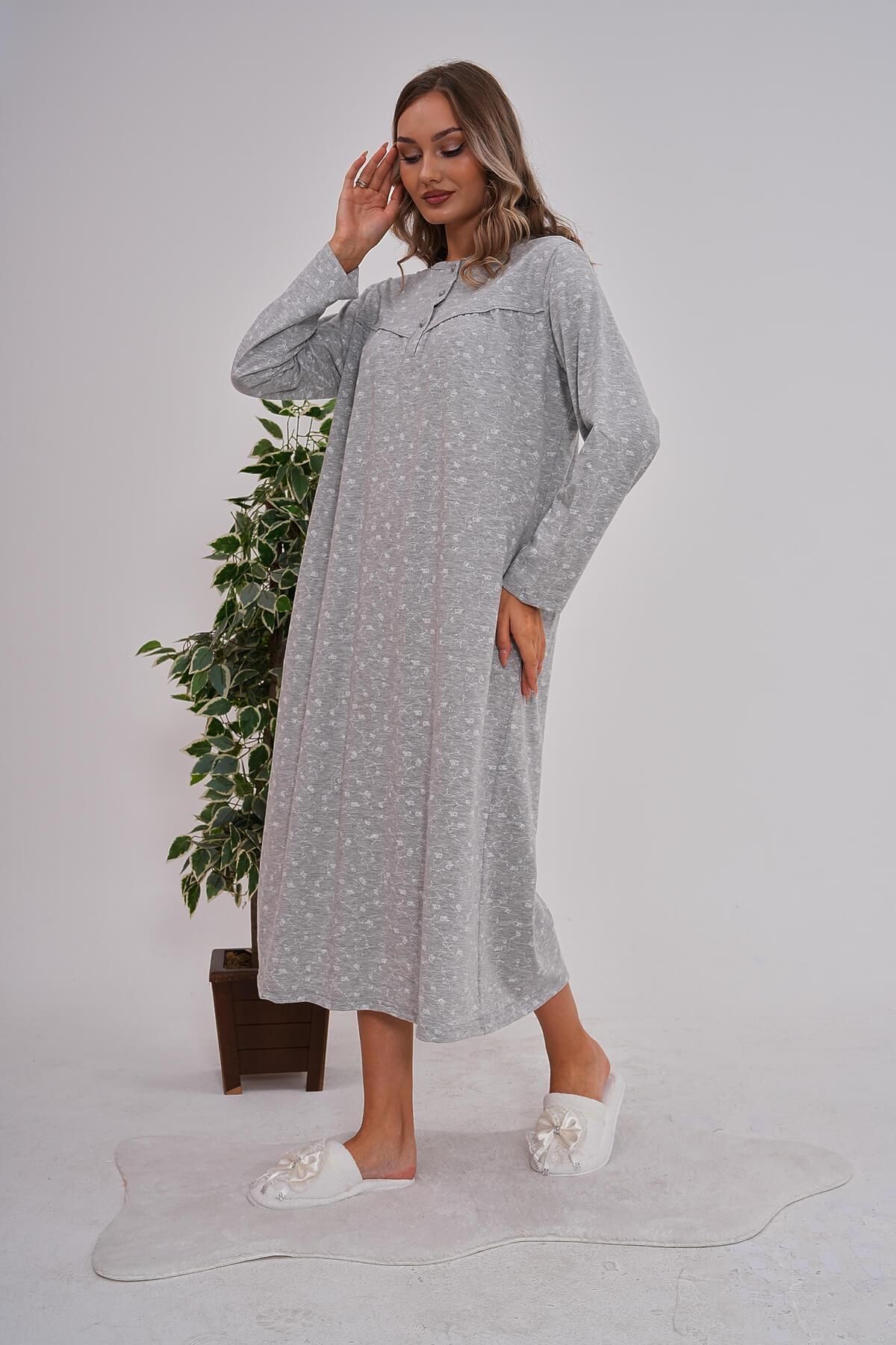 Mecit Pijama-Mecit 6154 Gray Women's Floral Patterned Large Size Nightgown 2