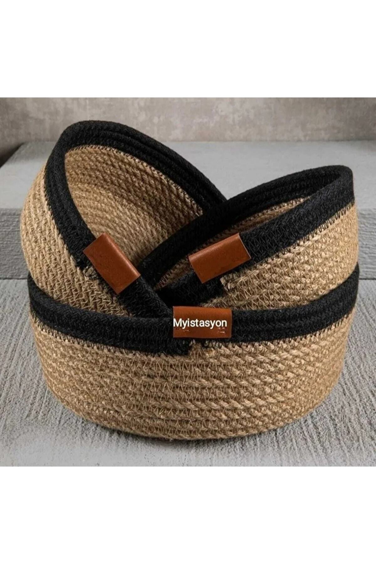 Wicker Basket Set,Jute Rope Basket,Bathroom Organizer 100% Natural Stitched 3 Pieces-Black