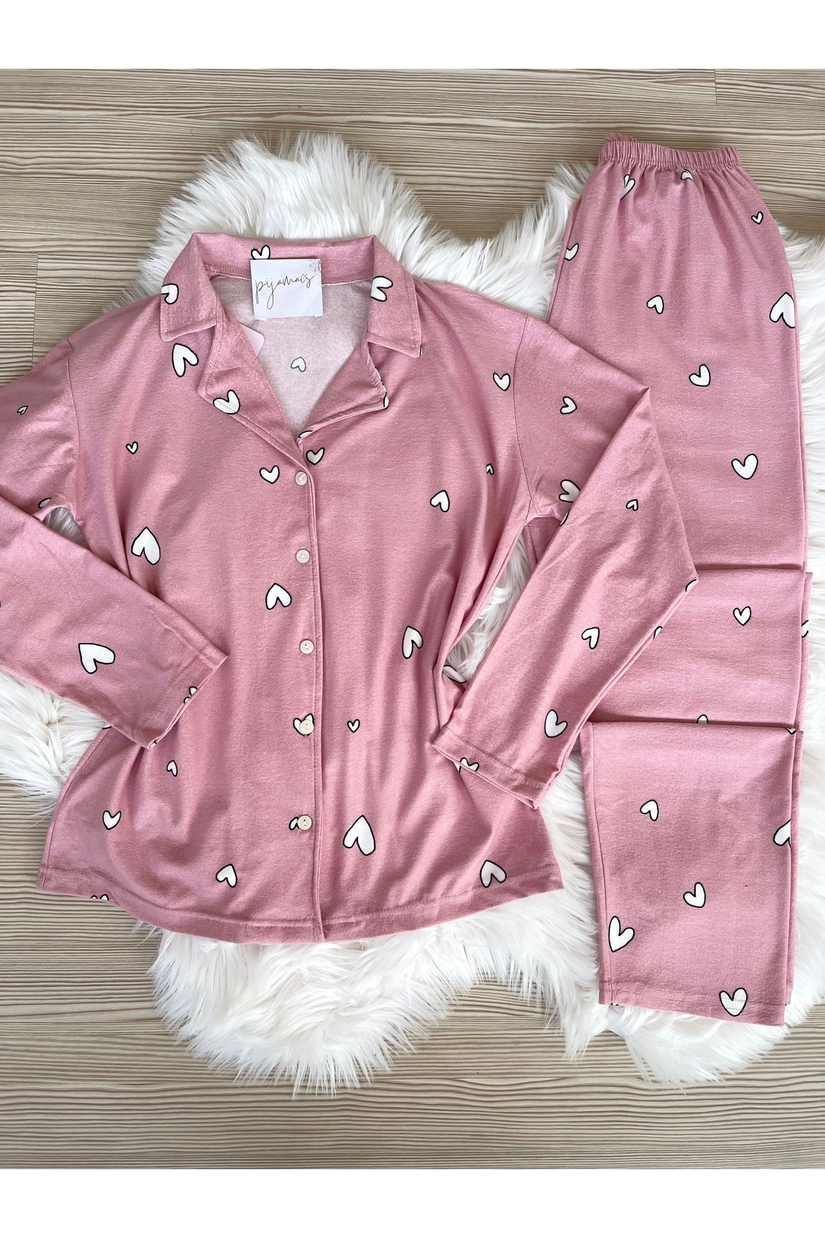 Pijamacs-Pink Heart Patterned Suede Shirt Collar Long Sleeve Pajama Set 8