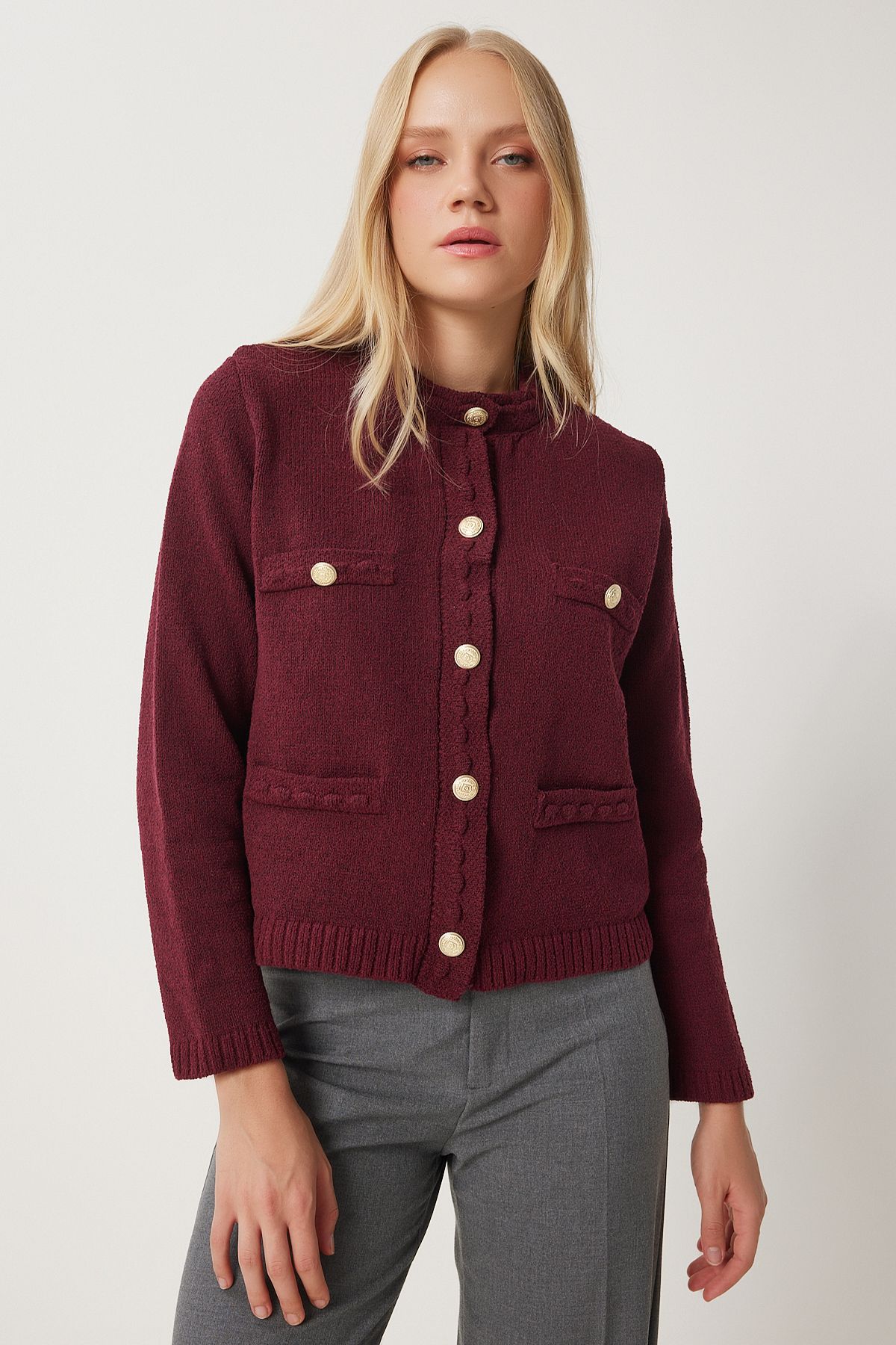 Lovelyİstanbul-Stylish Buttoned Textured Knitwear Cardigan Claret Red Ldp0009 4