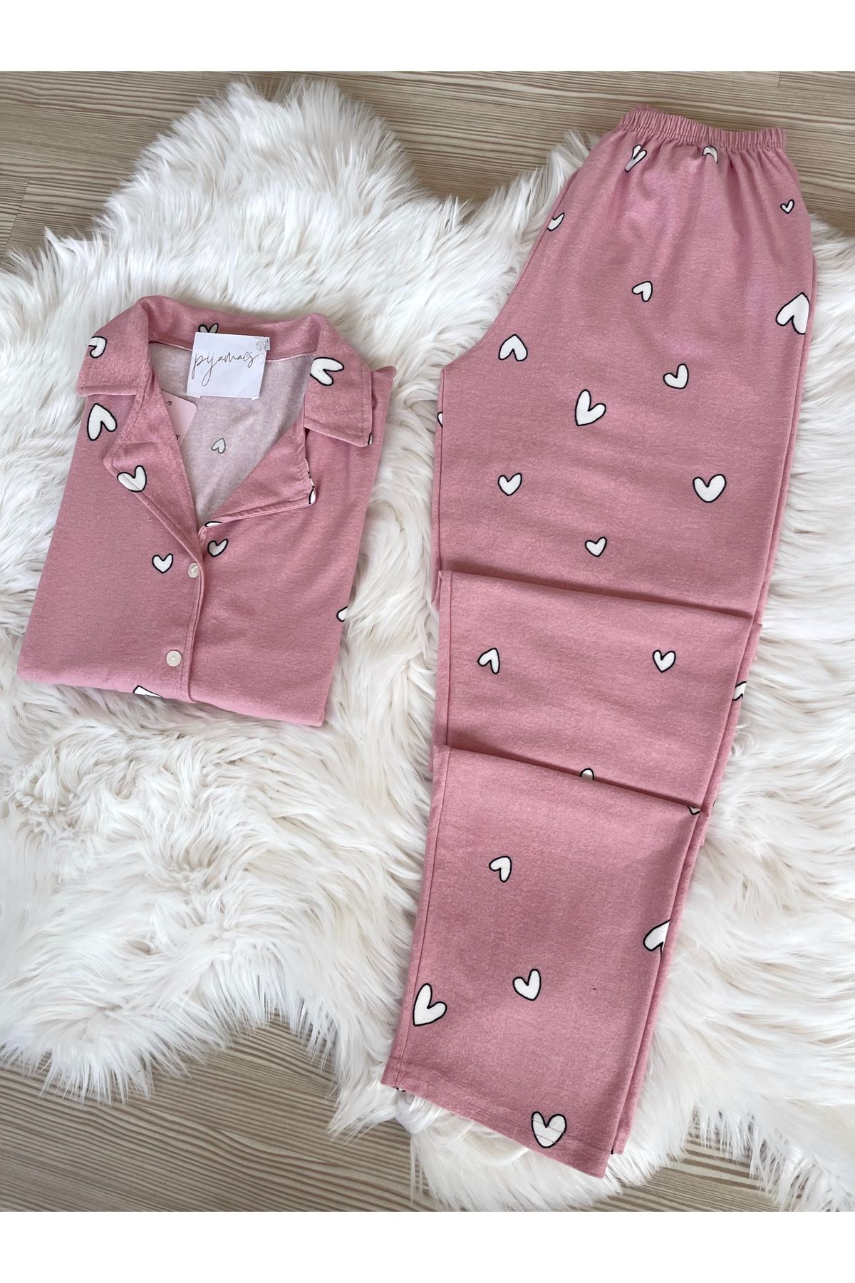 Pijamacs-Pink Heart Patterned Suede Shirt Collar Long Sleeve Pajama Set 4