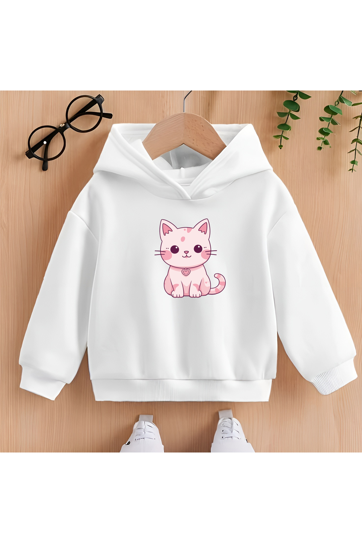 CDA Sevimli Pembe Kedi Unisex Kız Erkek Bebek Beyaz Sweatshirt fotoğrafı 2 (önizleme)