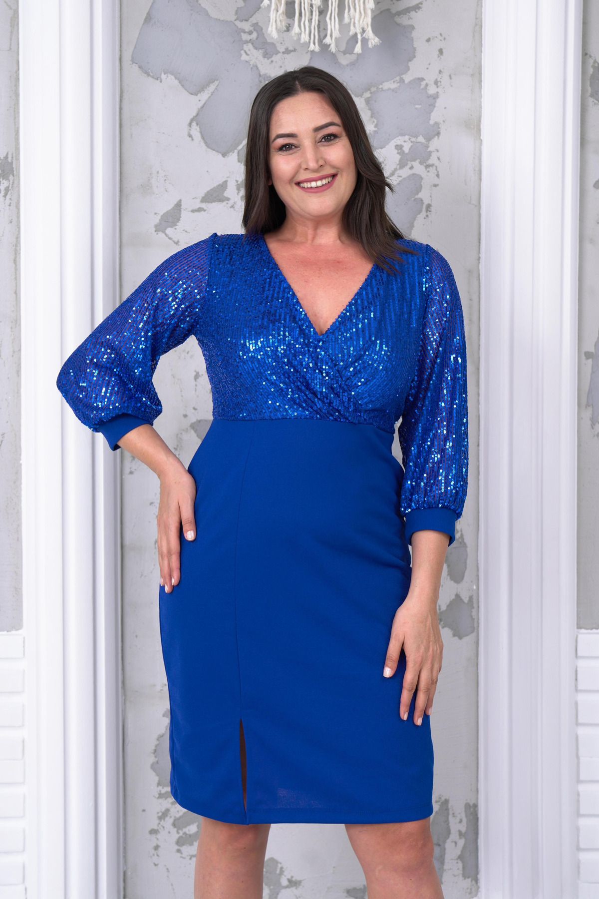 EGZ BUTİK-Sequined Scuba Crepe Fabric Saxe Blue Evening Dress 7