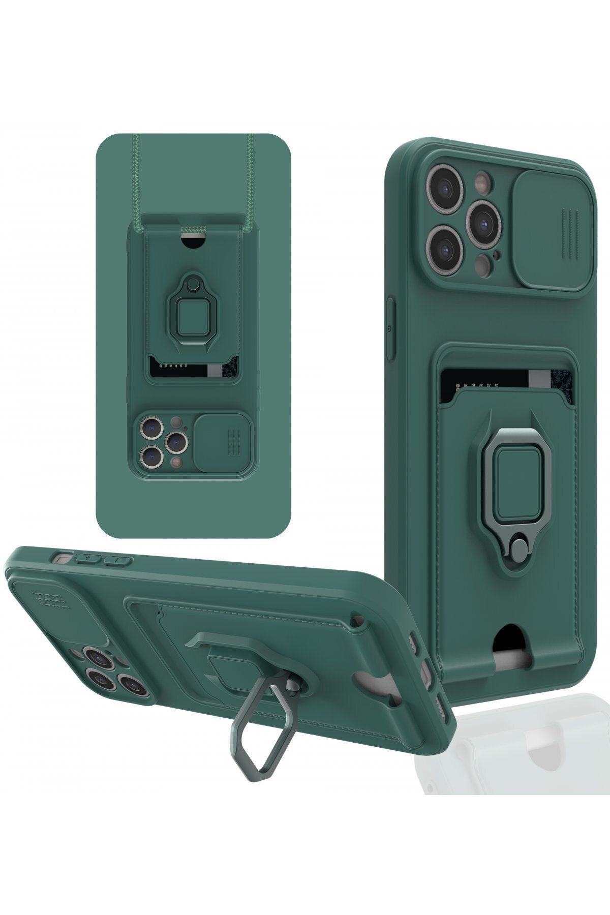 cepmoda iPhone 12 PRO MAX Askı İpli Telefon Kılıfı – Kartlık, Stand, Kamera Koruma – YEŞİL