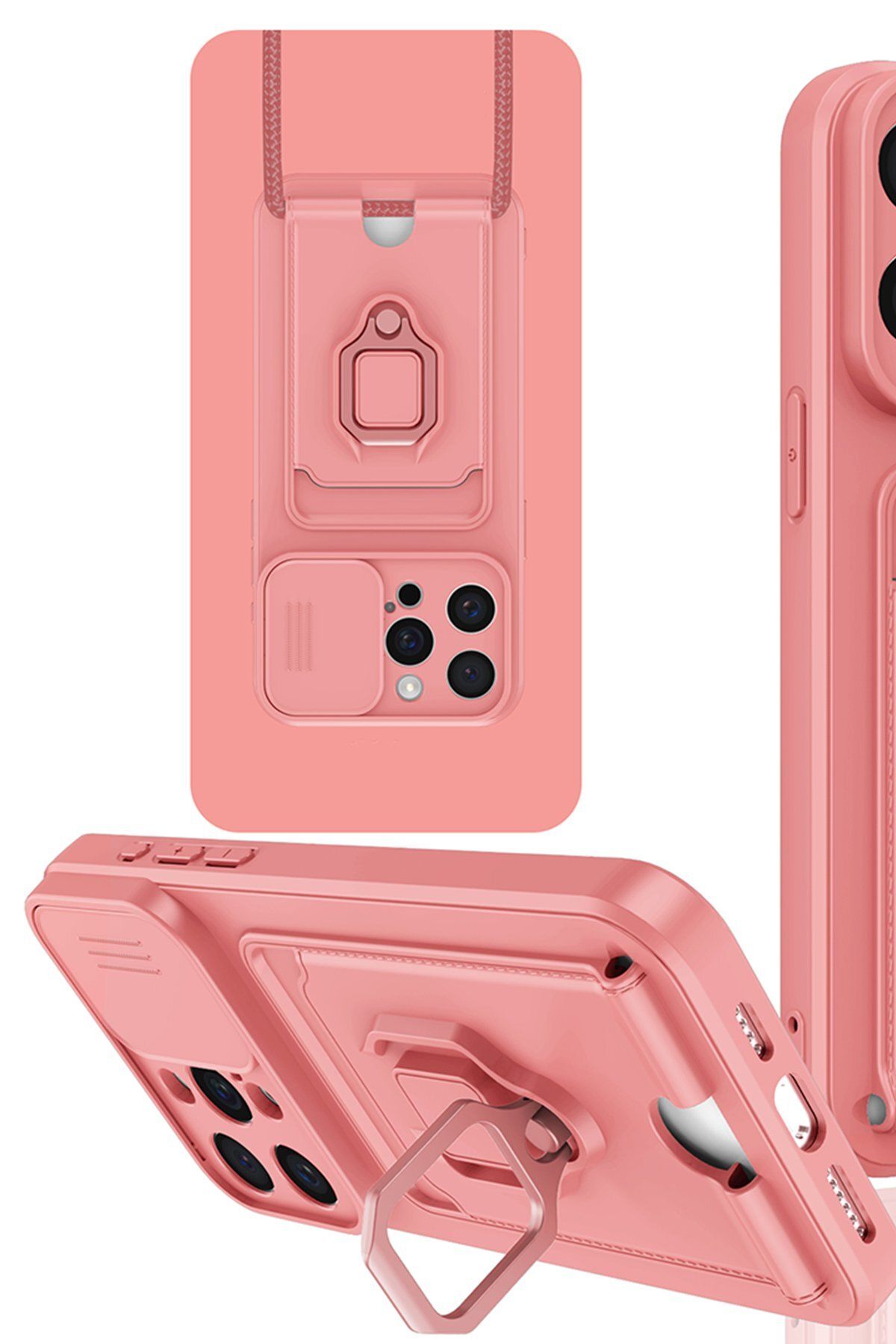 cepmoda iPhone 15 PRO MAX Askı İpli Telefon Kılıfı – Kartlık, Stand, Kamera Koruma – PEMBE