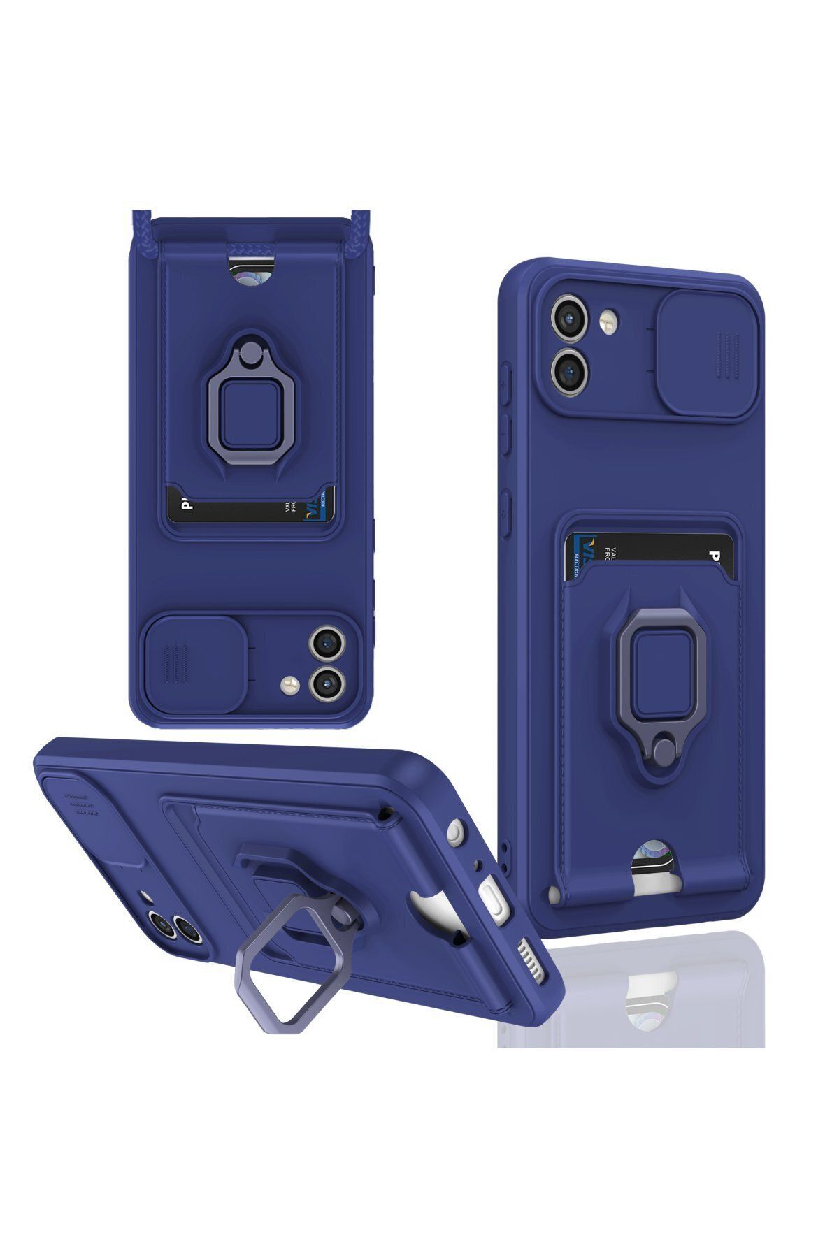 cepmoda Samsung Galaxy A03 Askı İpli Telefon Kılıfı – Kartlık, Stand, Kamera Koruma – LACİVERT