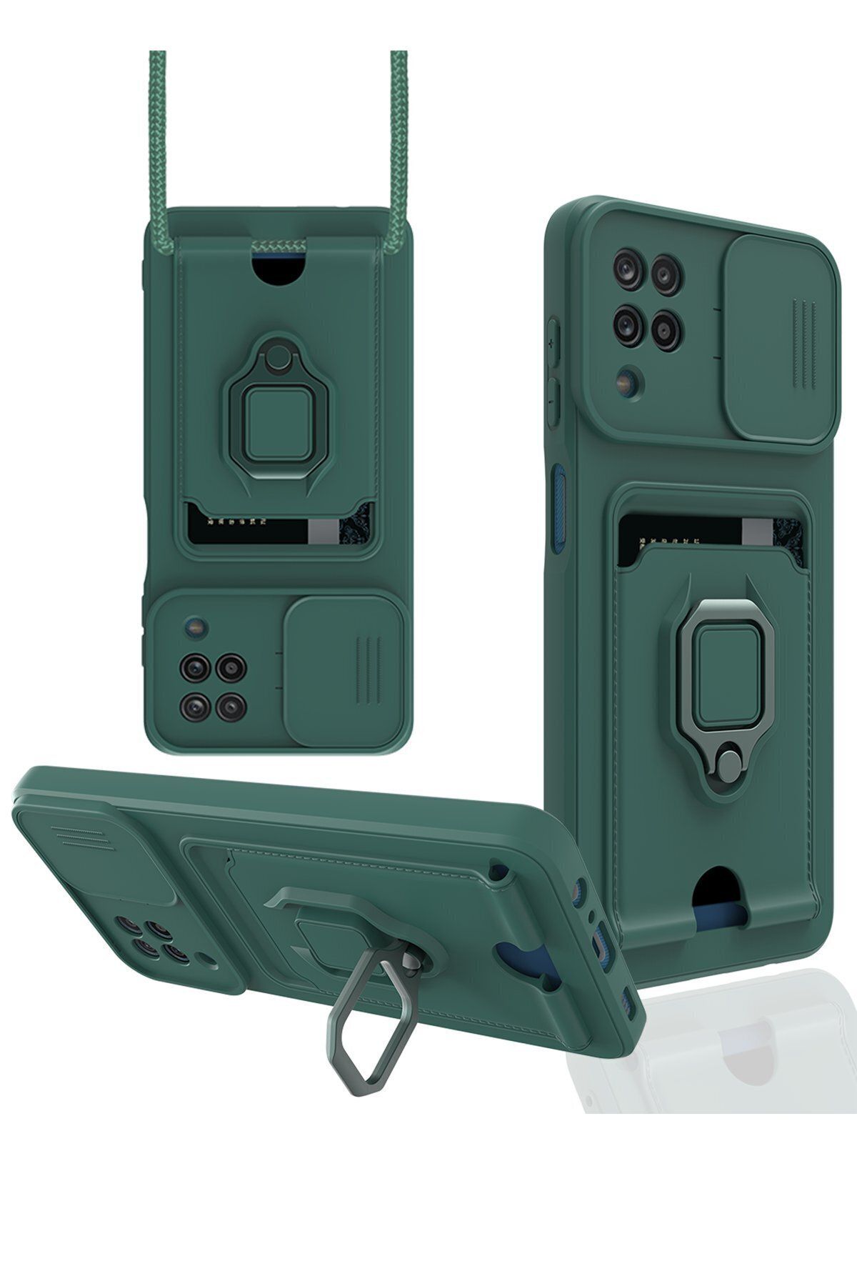 cepmoda Samsung Galaxy M12 - iP Askılı Kamera Sürgülü Neck Rope Çok Amaç Kılıf/Kapak - YEŞİL