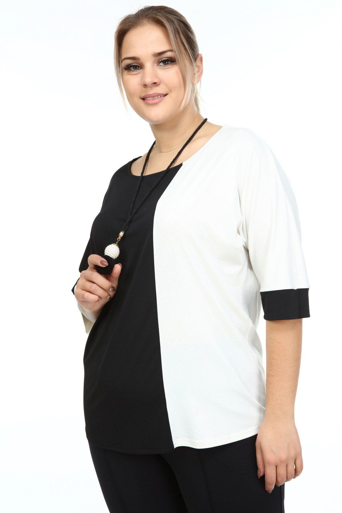 Zer Otantik-Bluză Plus Size cu pandantiv în două culori negru-ecru 3