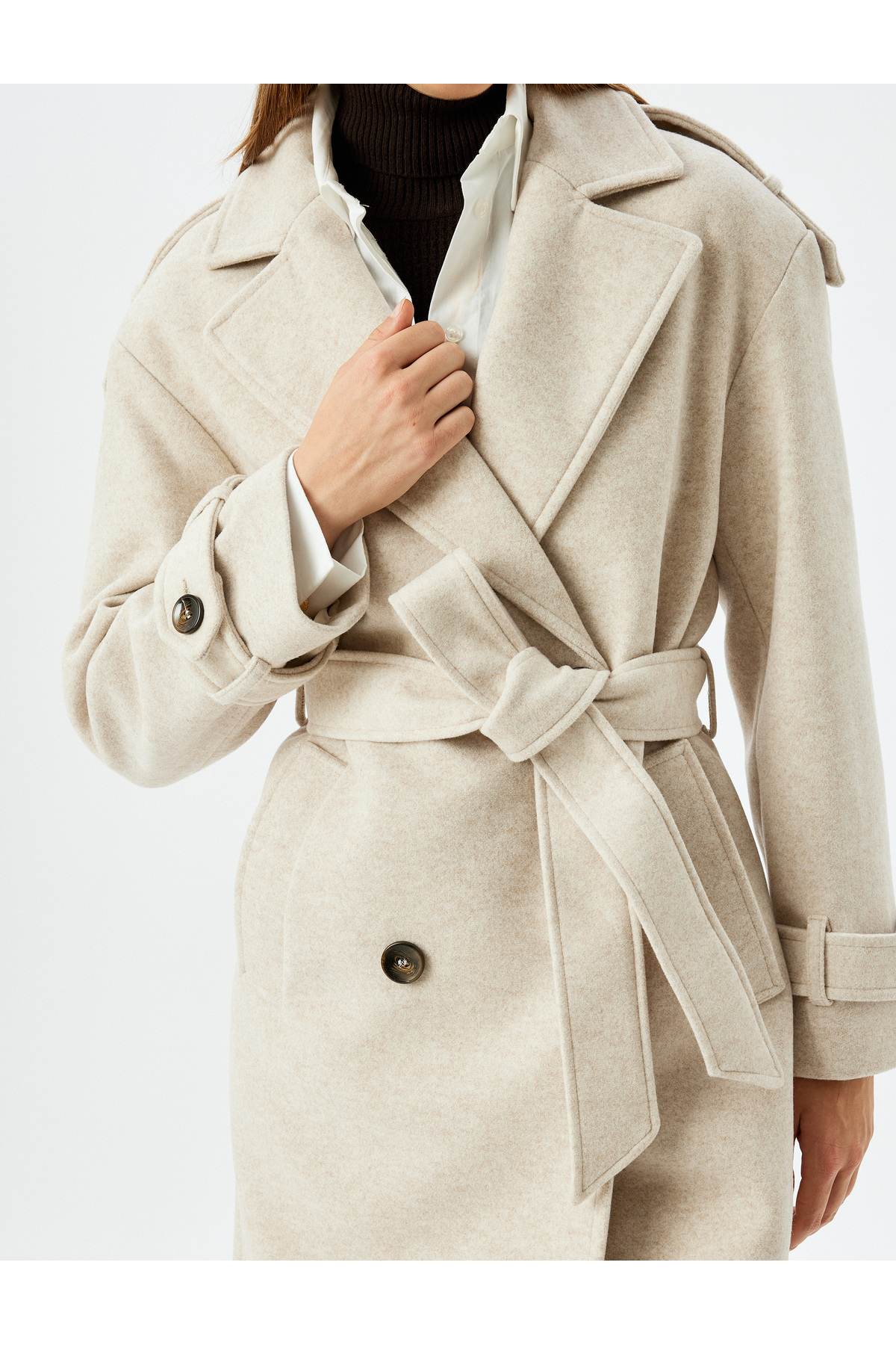 Koton  Apolet Detaylı Cepli Kemerli Kruvaze Ekstra Uzun Kaşe Kaban - Görsel 5