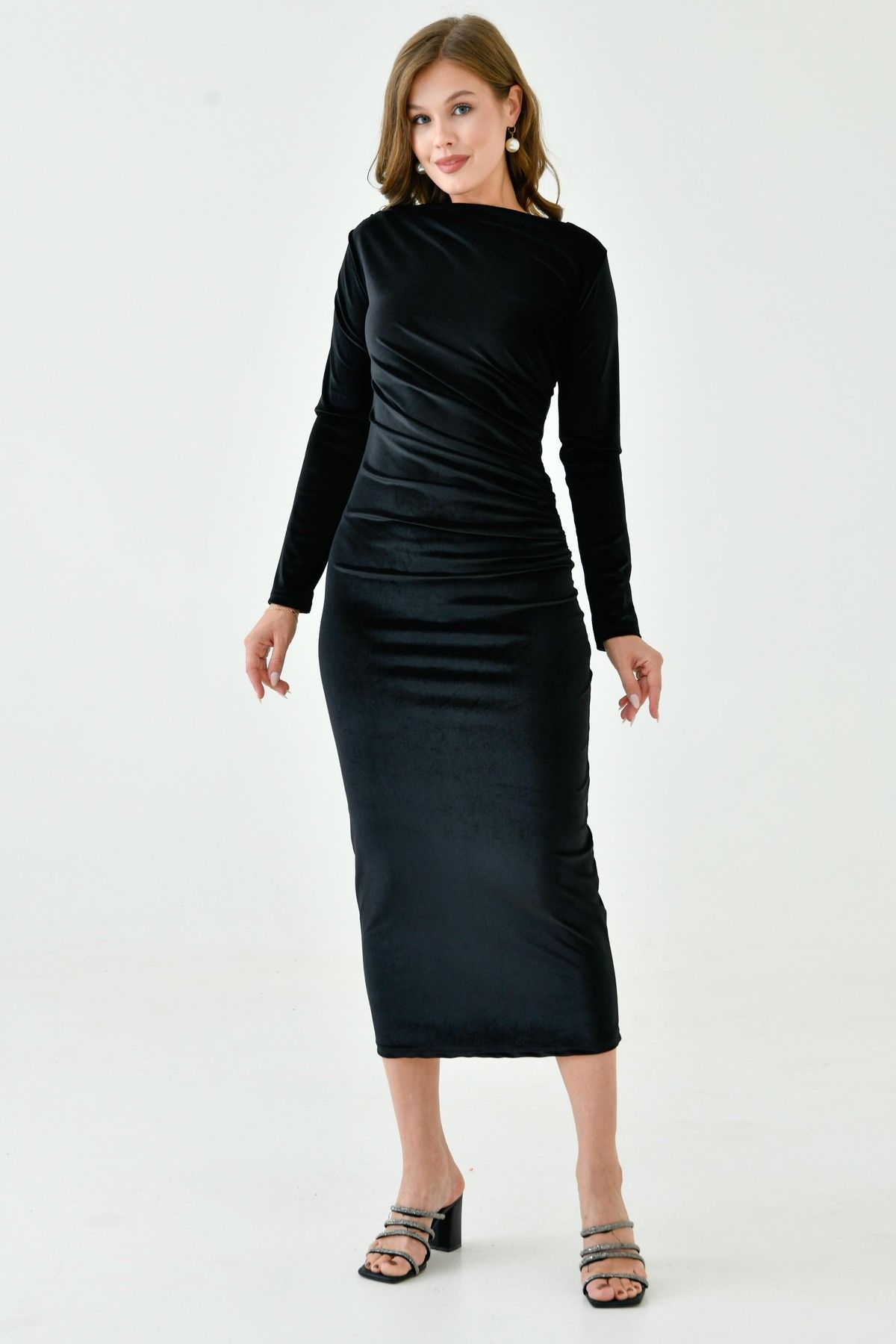 lovebox-Abendkleid in Schwarz mit weitem Kragen, Bleistiftschnitt, Midi-Länge, langen Ärmeln, flexiblem Samtstoff, 3660 8