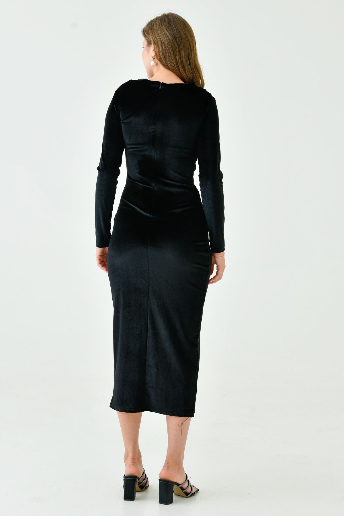 lovebox-Abendkleid in Schwarz mit weitem Kragen, Bleistiftschnitt, Midi-Länge, langen Ärmeln, flexiblem Samtstoff, 3660 3
