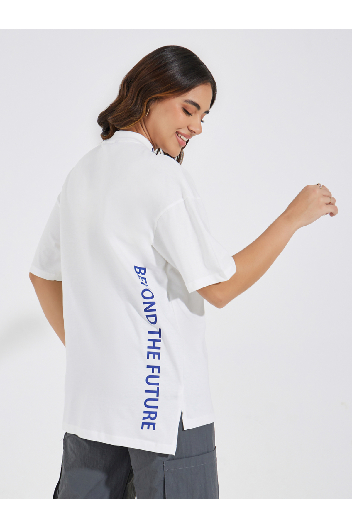 Styli Oversized Slogan T-Shirt with High-Low Hem