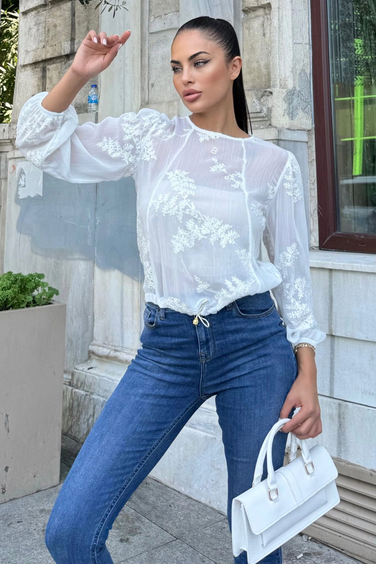 NEW LAVİVA-Ecru Embroidered Wrap Chiffon Blouse 7