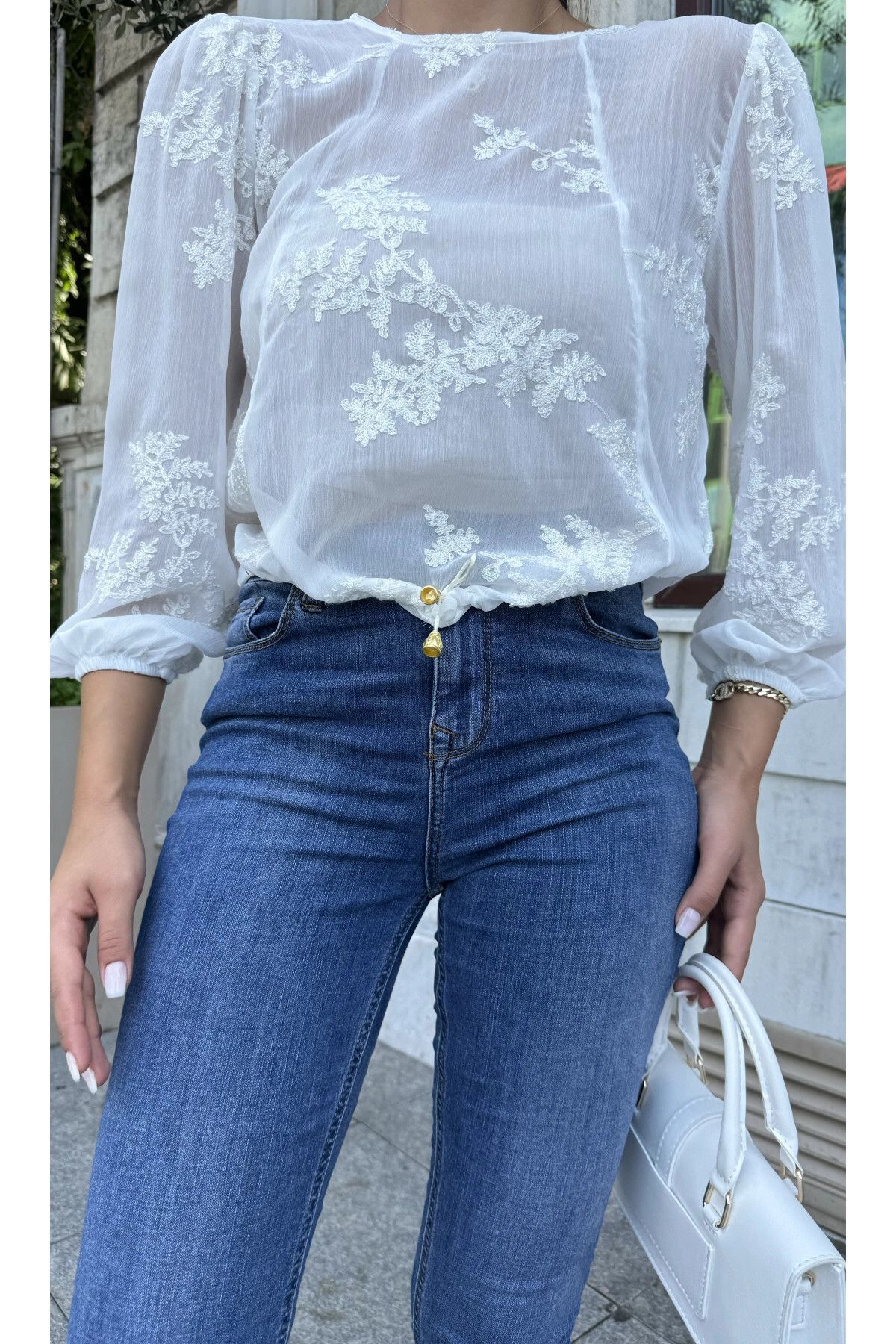 NEW LAVİVA-Ecru Embroidered Wrap Chiffon Blouse 6