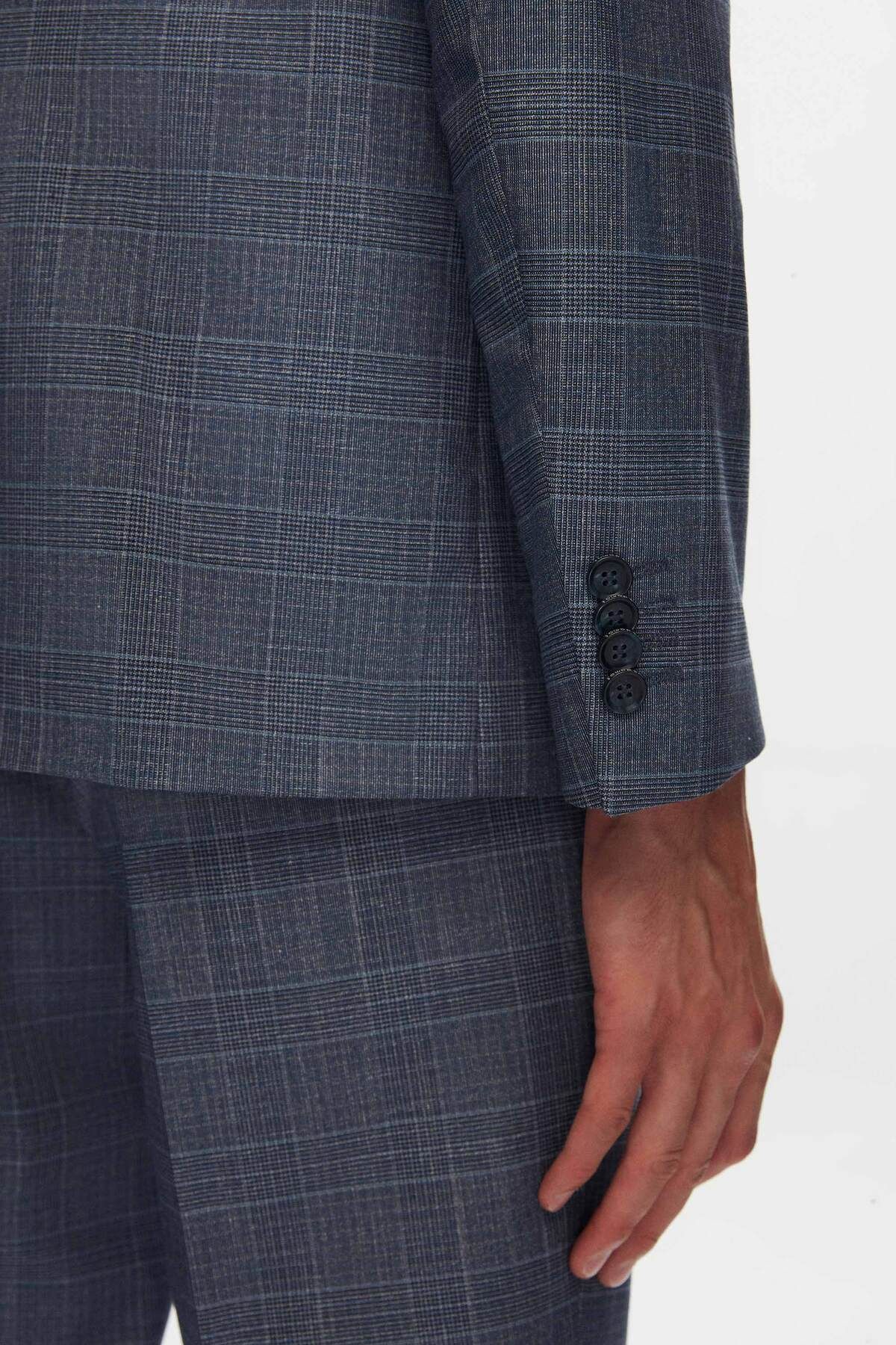 D'S Damat-Ds Damat Slim Fit Navy Blue Plaid Suit with Combination 5