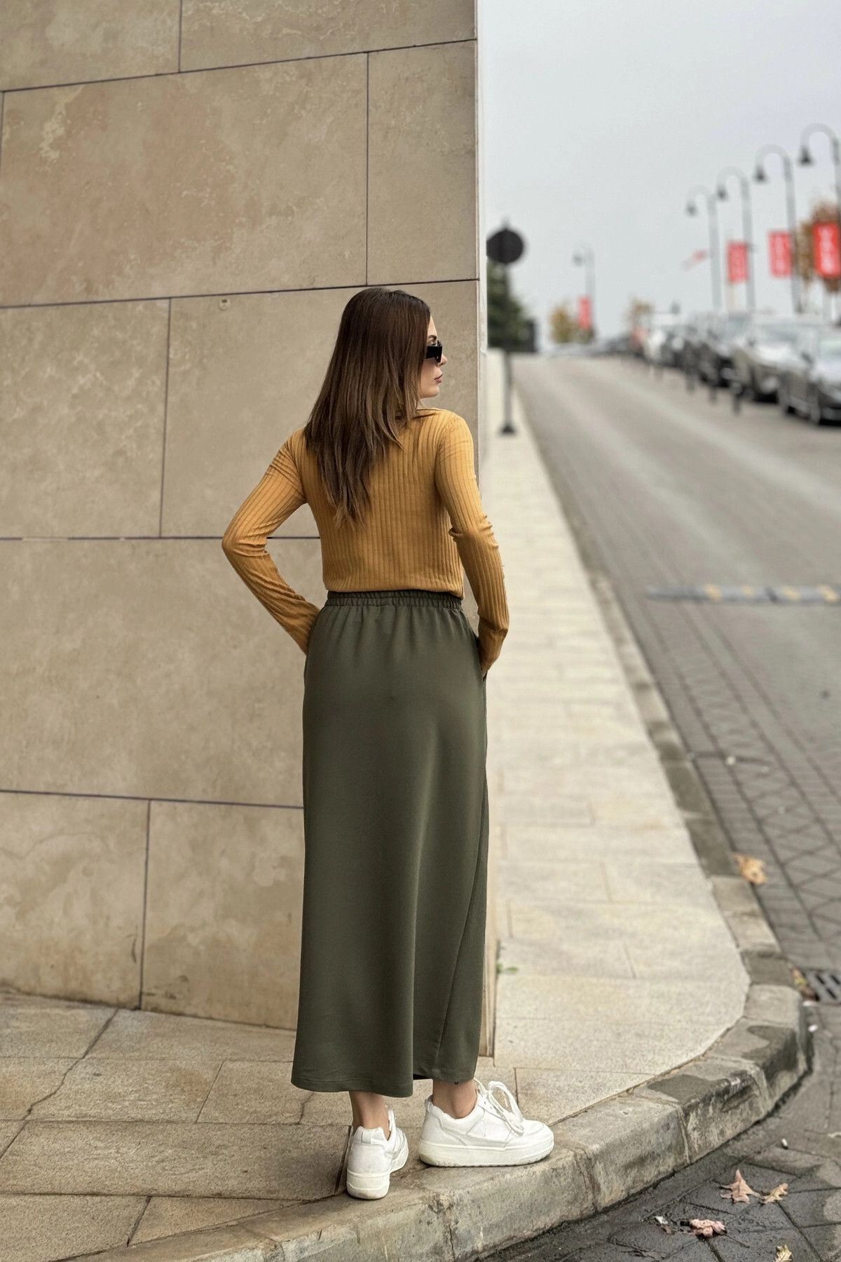 NEW LAVİVA-Women's Khaki Elastic Waist, Comfortable Fit, Long Skirt with Pockets 2