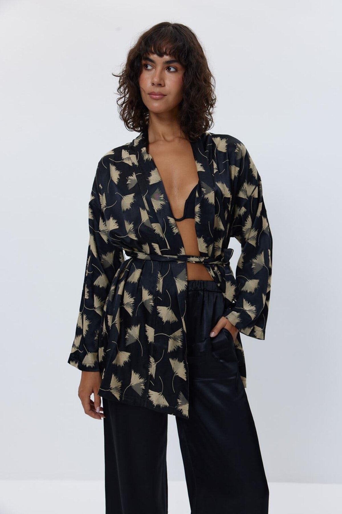 Tuba Butik-Satin Kimono Trousers Black Women's Set 5