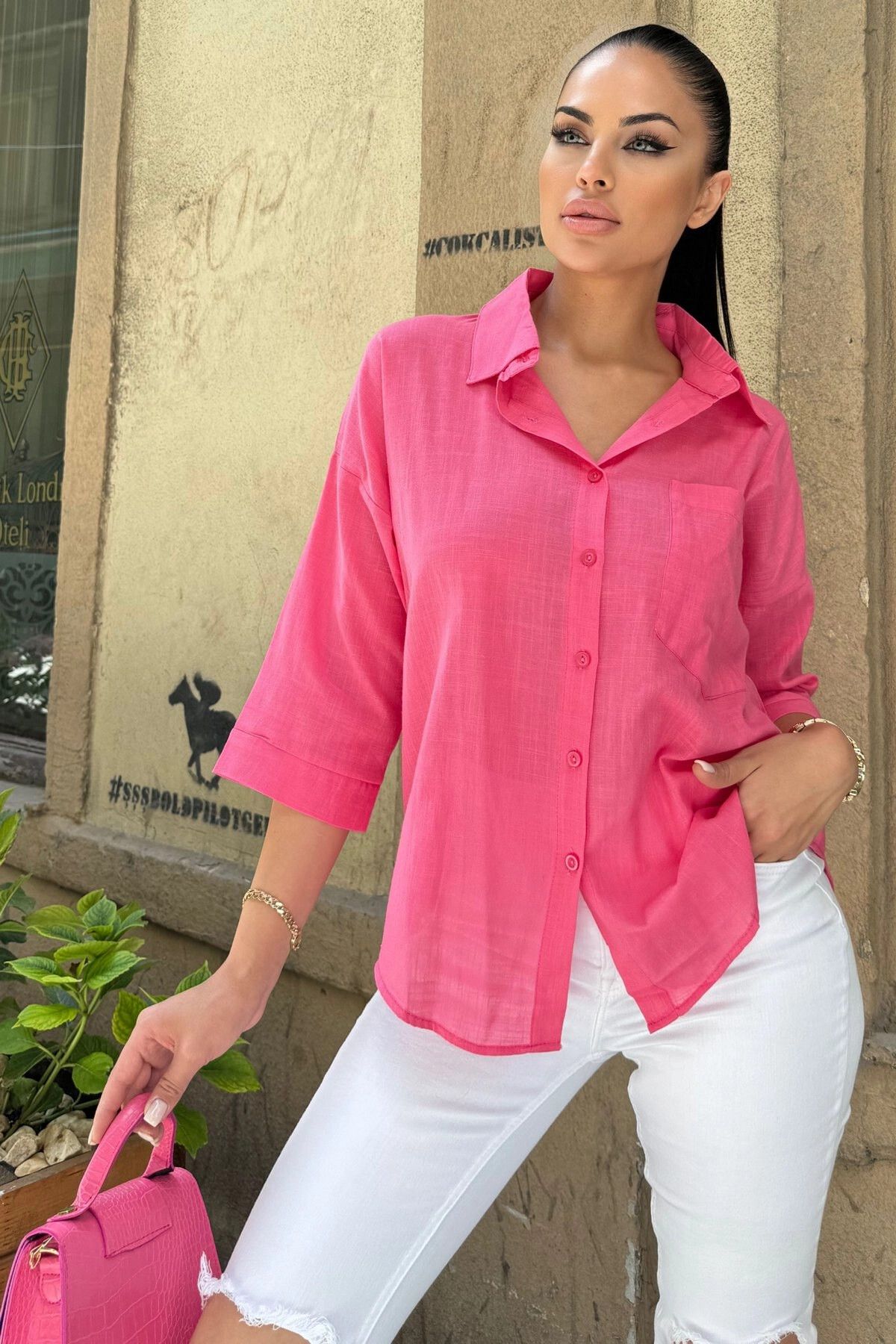 NEW LAVİVA-Fuchsia Linen Shirt - Three-Quarter Sleeve, Oval Cut, Anti-Sweat and Flame 3