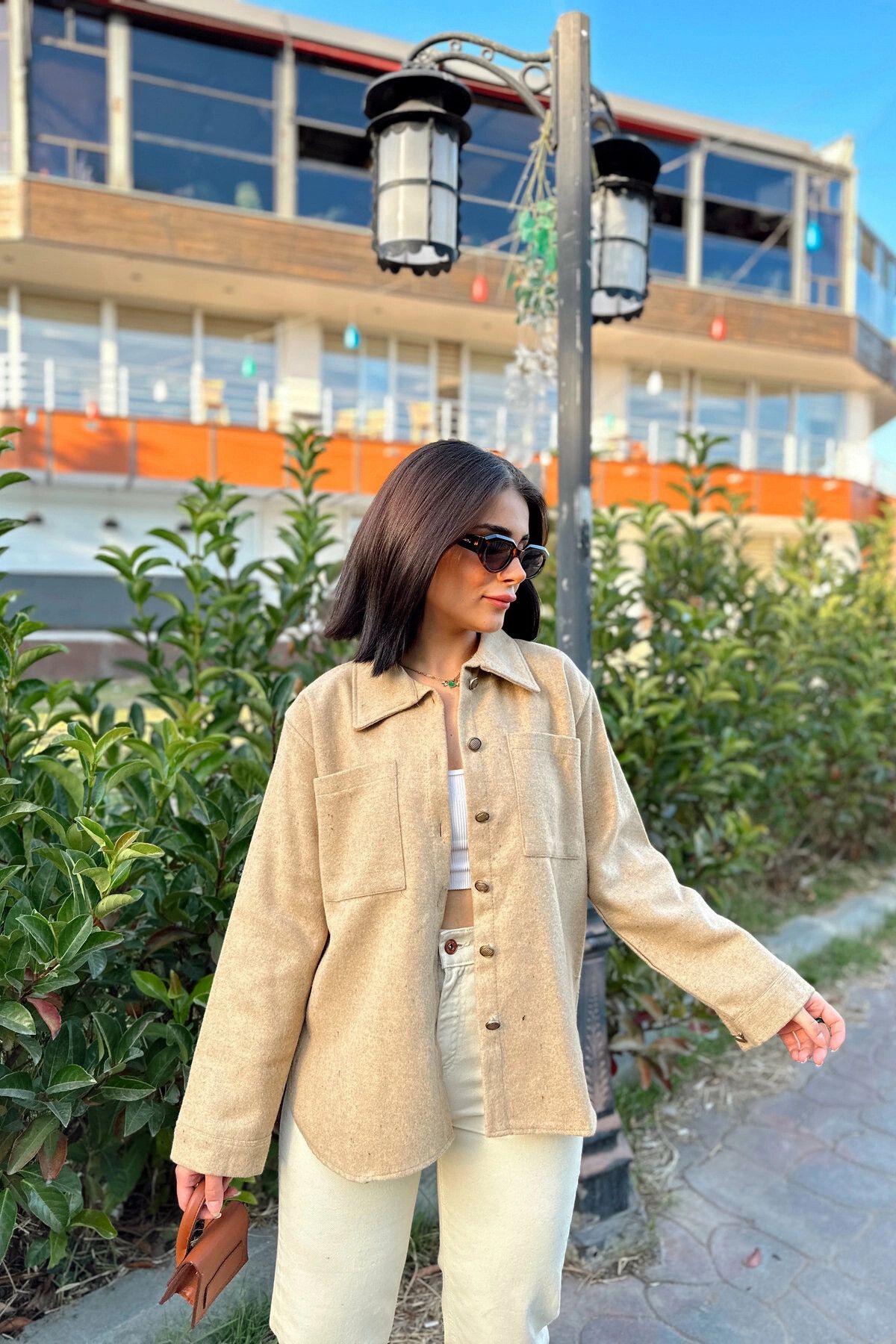 NEW LAVİVA-Women's Beige Long Sleeve, Double Pocket, Oval Cut on the Skirt, Stamp Shirt Jacket 6