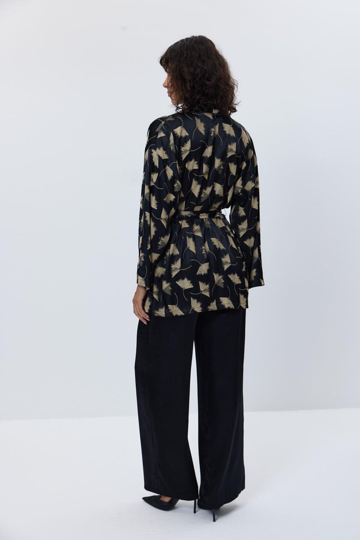 Tuba Butik-Satin Kimono Trousers Black Women's Set 6