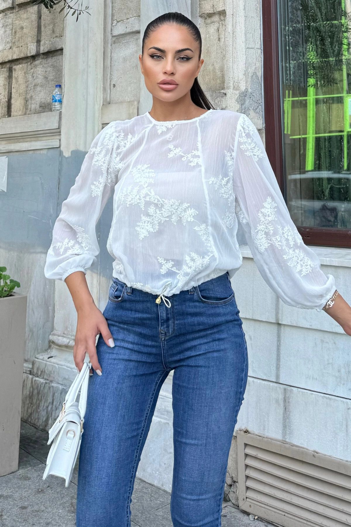 NEW LAVİVA-Ecru Embroidered Wrap Chiffon Blouse 8