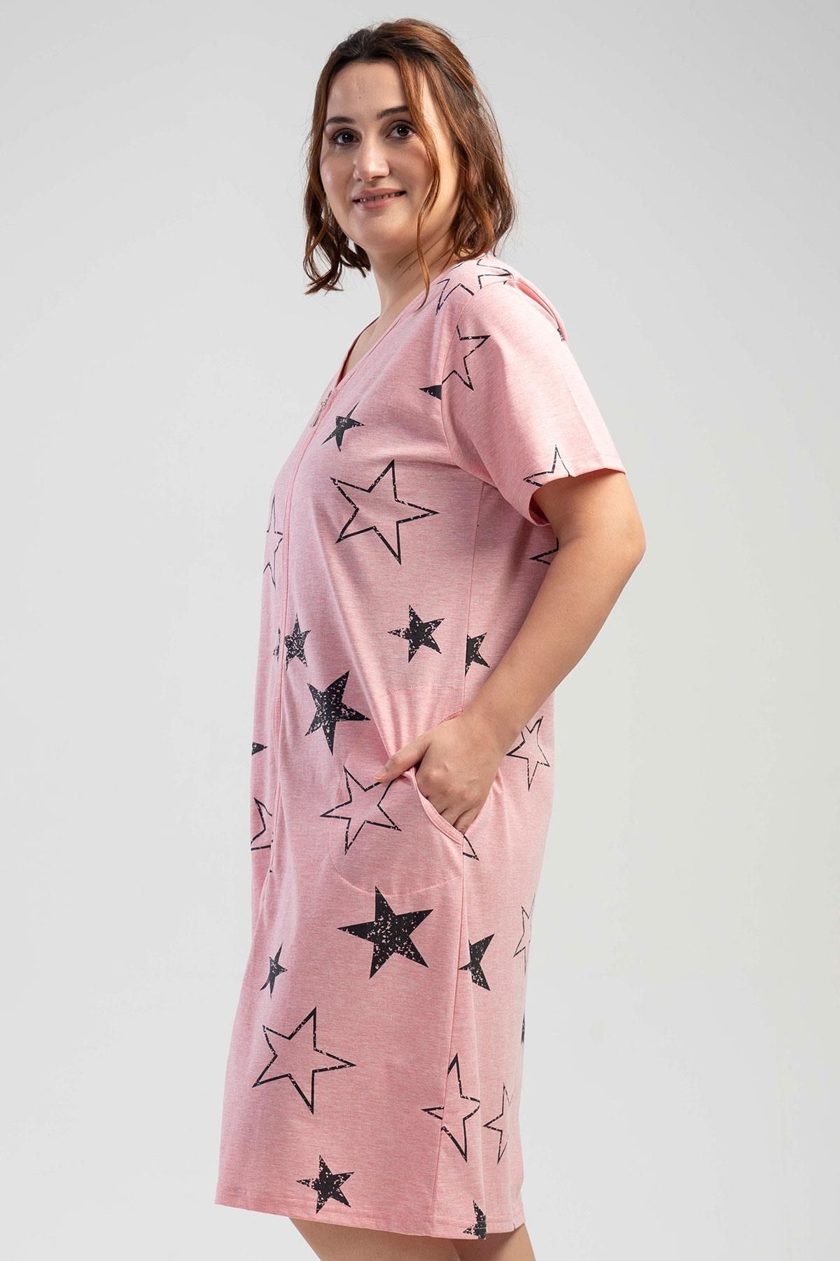 VİENETTA-Plus Size Zipped Rosebloom Home Dress - Short Sleeve C2T1N0O011 3